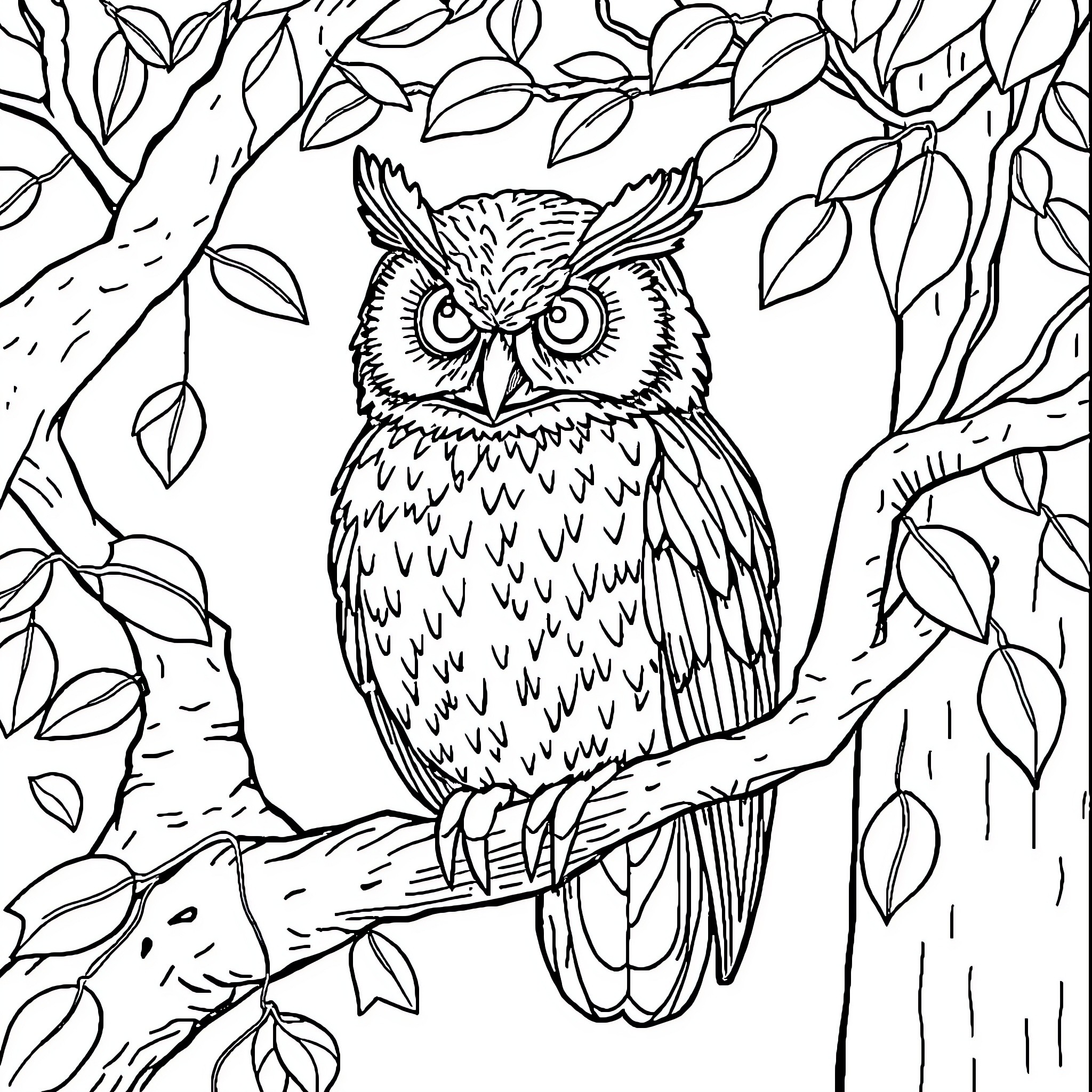 Owl in a leafy forest scene Coloring Page (free black-and-white line drawing printable PDF for all, from beginners to advanced learners, including children, teens, adults, and seniors)