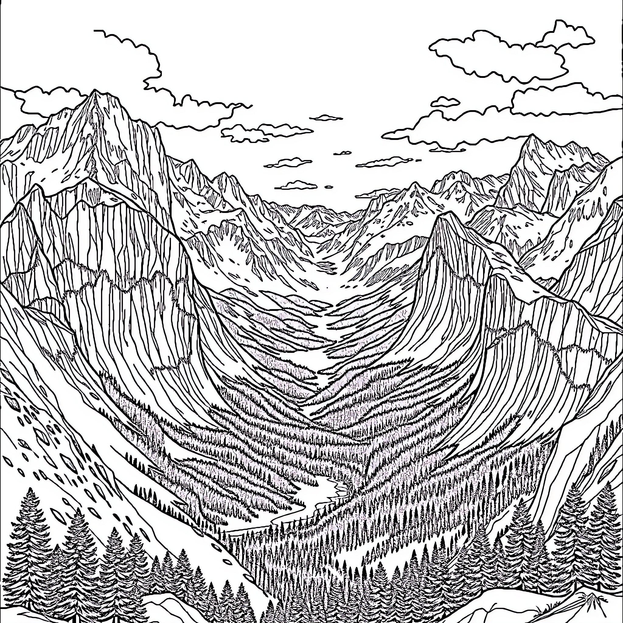 Mountain landscape with dramatic peaks and valleys Coloring Page (free black-and-white line drawing printable PDF for all, from beginners to advanced learners, including children, teens, adults, and seniors)