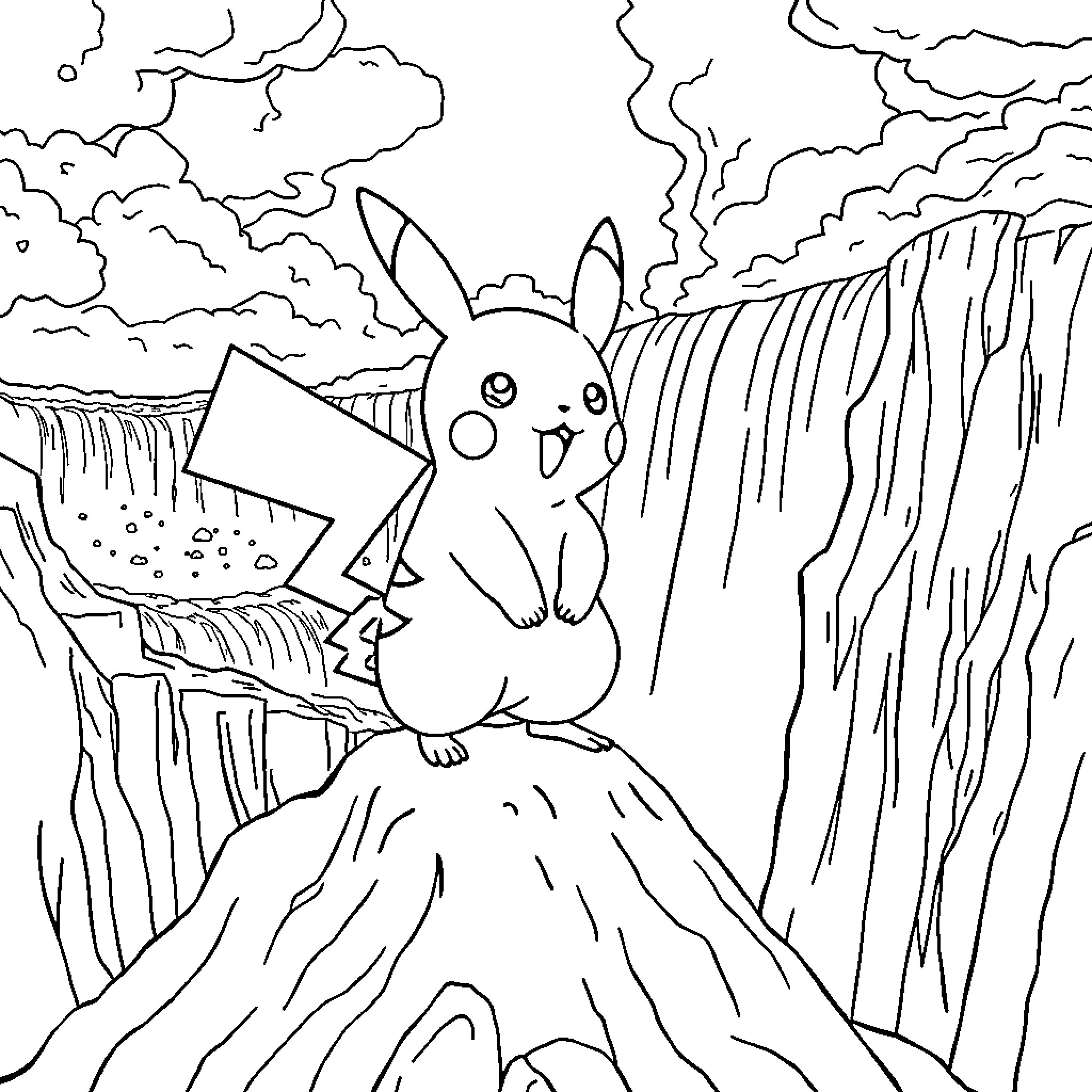 Pikachu exploring the scenic waterfall landscape Coloring Page (free black-and-white line drawing printable PDF for all, from beginners to advanced learners, including children, teens, adults, and seniors)