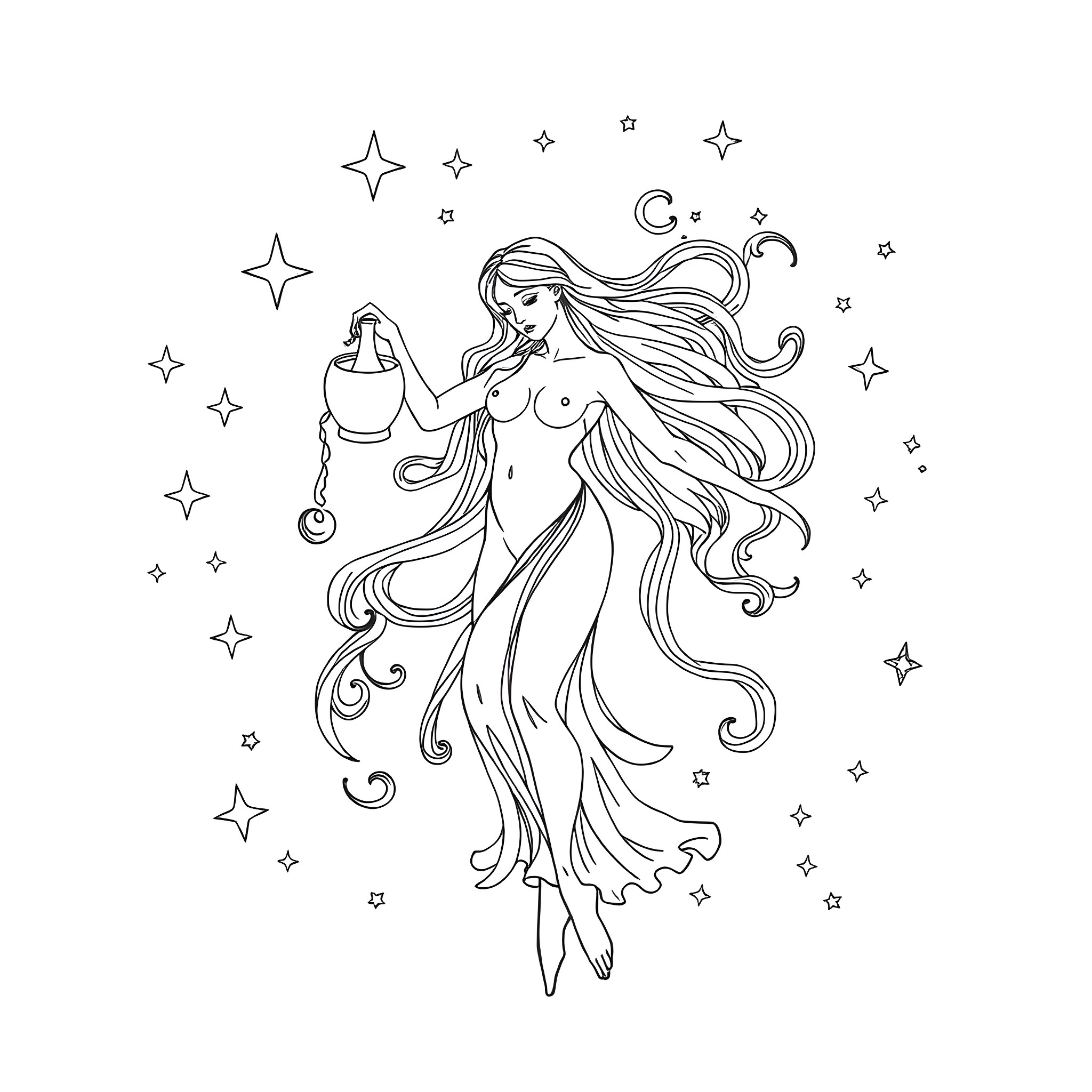 Aquarius - Astral Goddess Invoking Celestial Energies Coloring Page (free black-and-white line drawing printable PDF for all, from beginners to advanced learners, including children, teens, adults, and seniors)