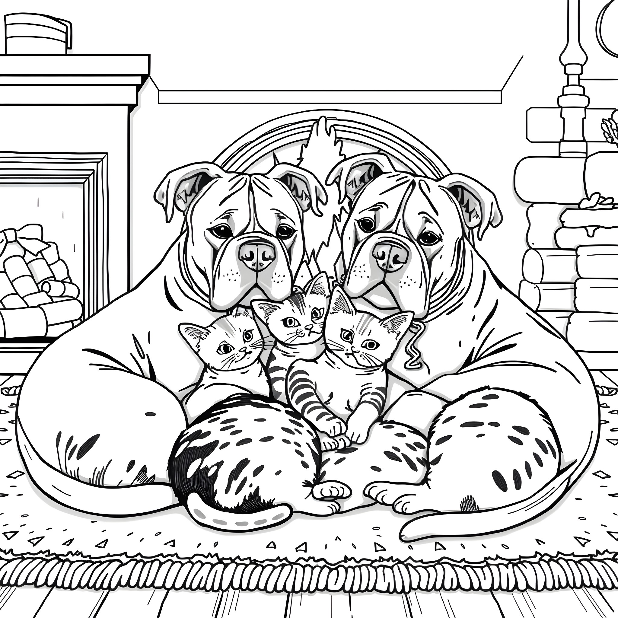 Pit Bull Enjoying Cuddles with Kittens Coloring Page (free black-and-white line drawing printable PDF for all, from beginners to advanced learners, including children, teens, adults, and seniors)