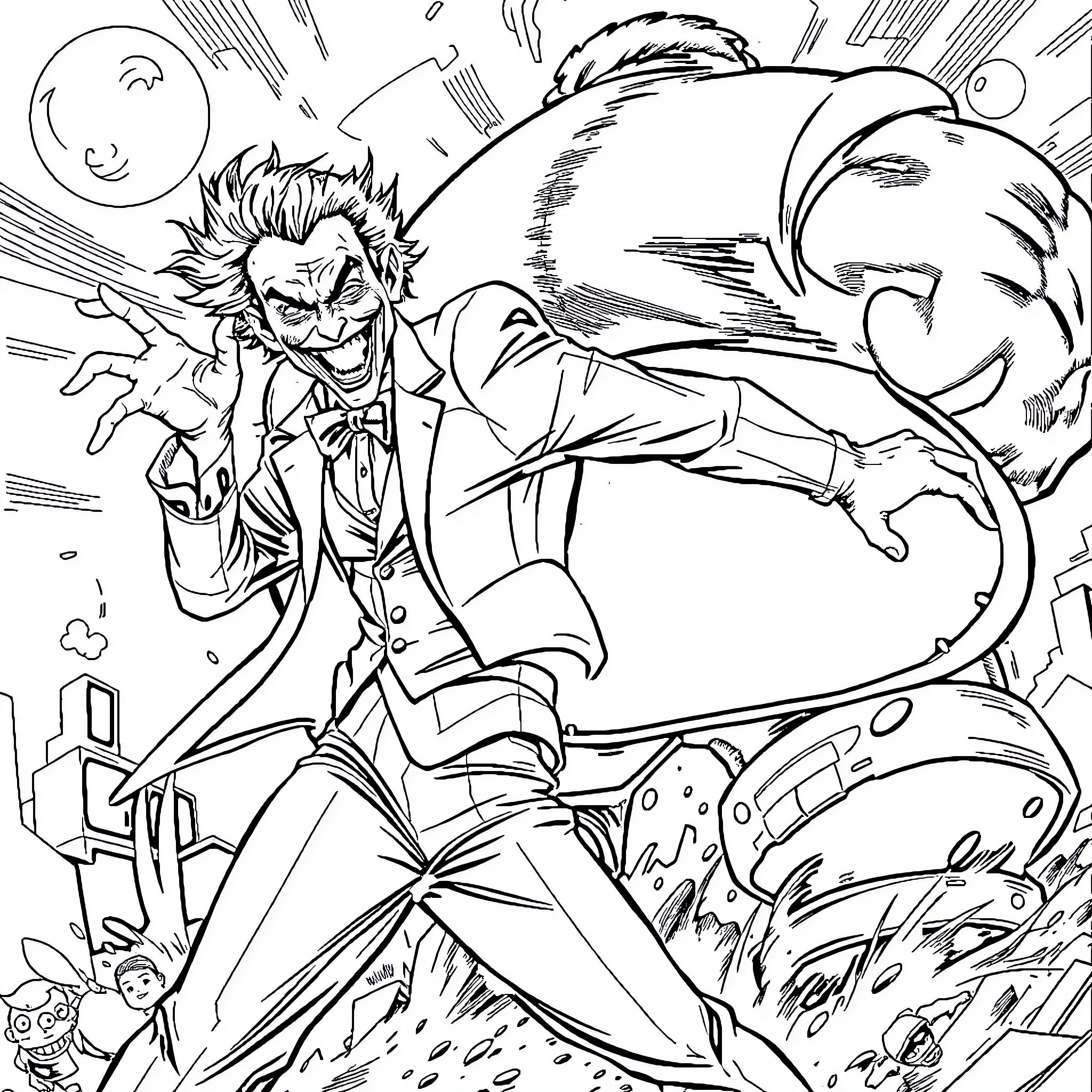 Joker's Chaotic Rampage in the City Coloring Page (free black-and-white line drawing printable PDF for all, from beginners to advanced learners, including children, teens, adults, and seniors)
