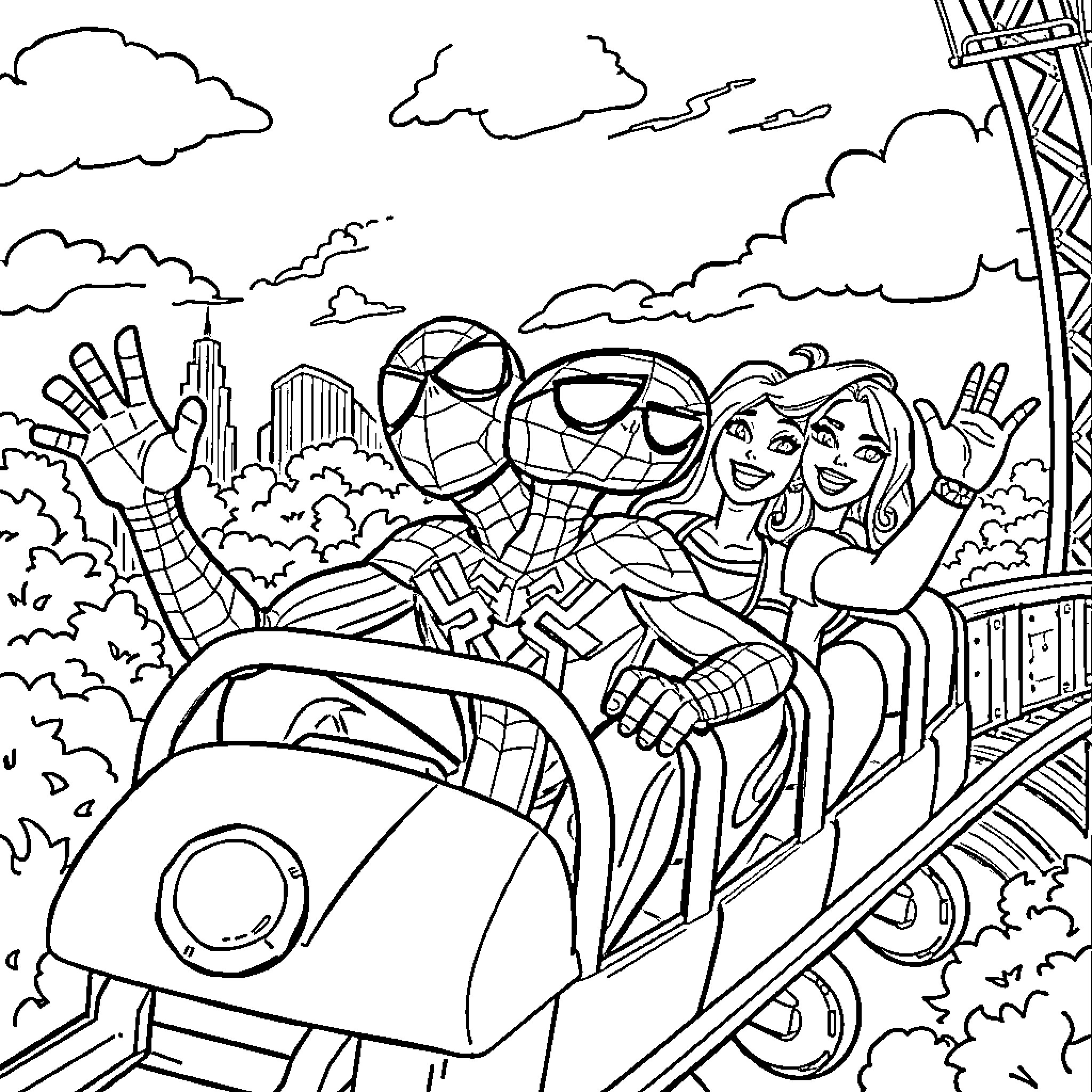 Spider-Man takes selfie with friends on roller coaster Coloring Page (free black-and-white line drawing printable PDF for all, from beginners to advanced learners, including children, teens, adults, and seniors)