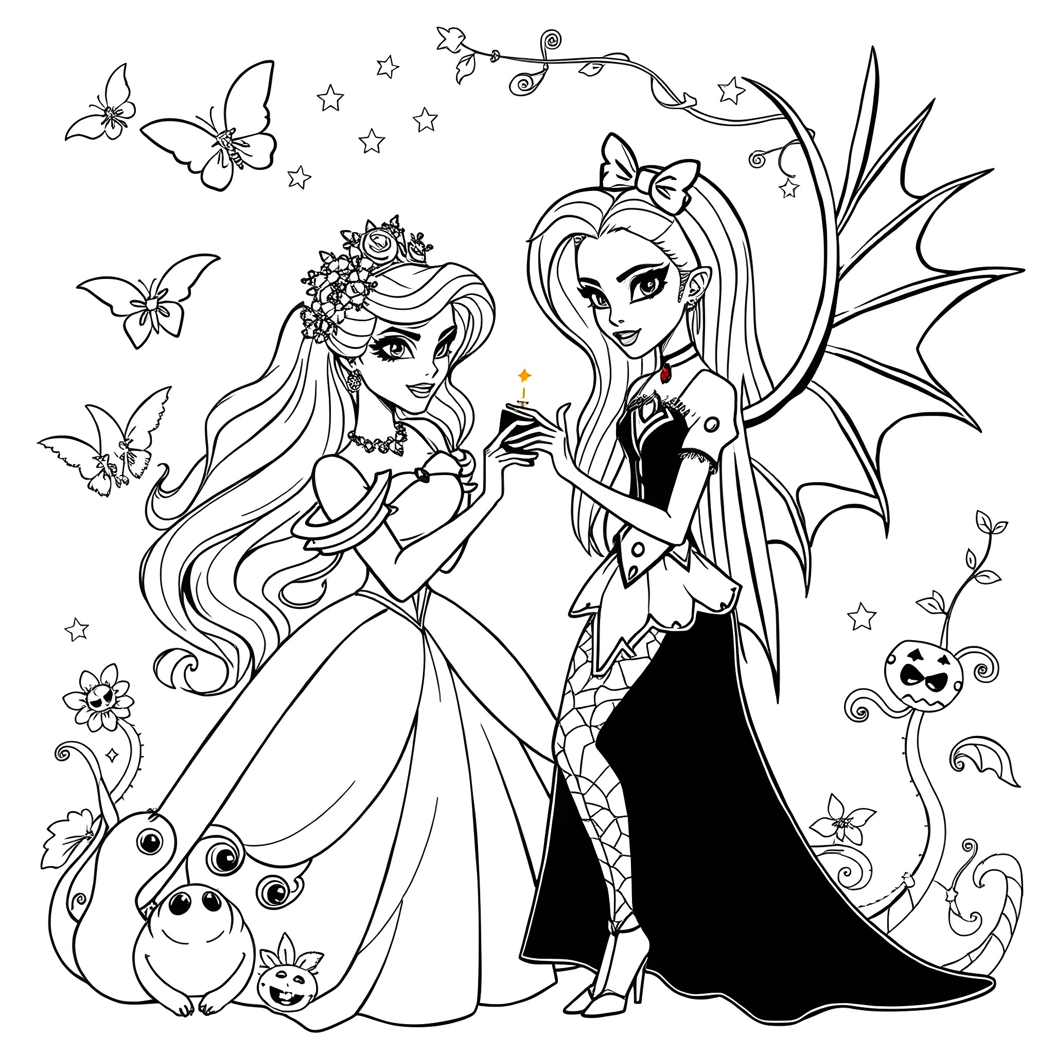 Princess and Fairy Enjoying a Magical Moment Coloring Page (free black-and-white line drawing printable PDF for all, from beginners to advanced learners, including children, teens, adults, and seniors)