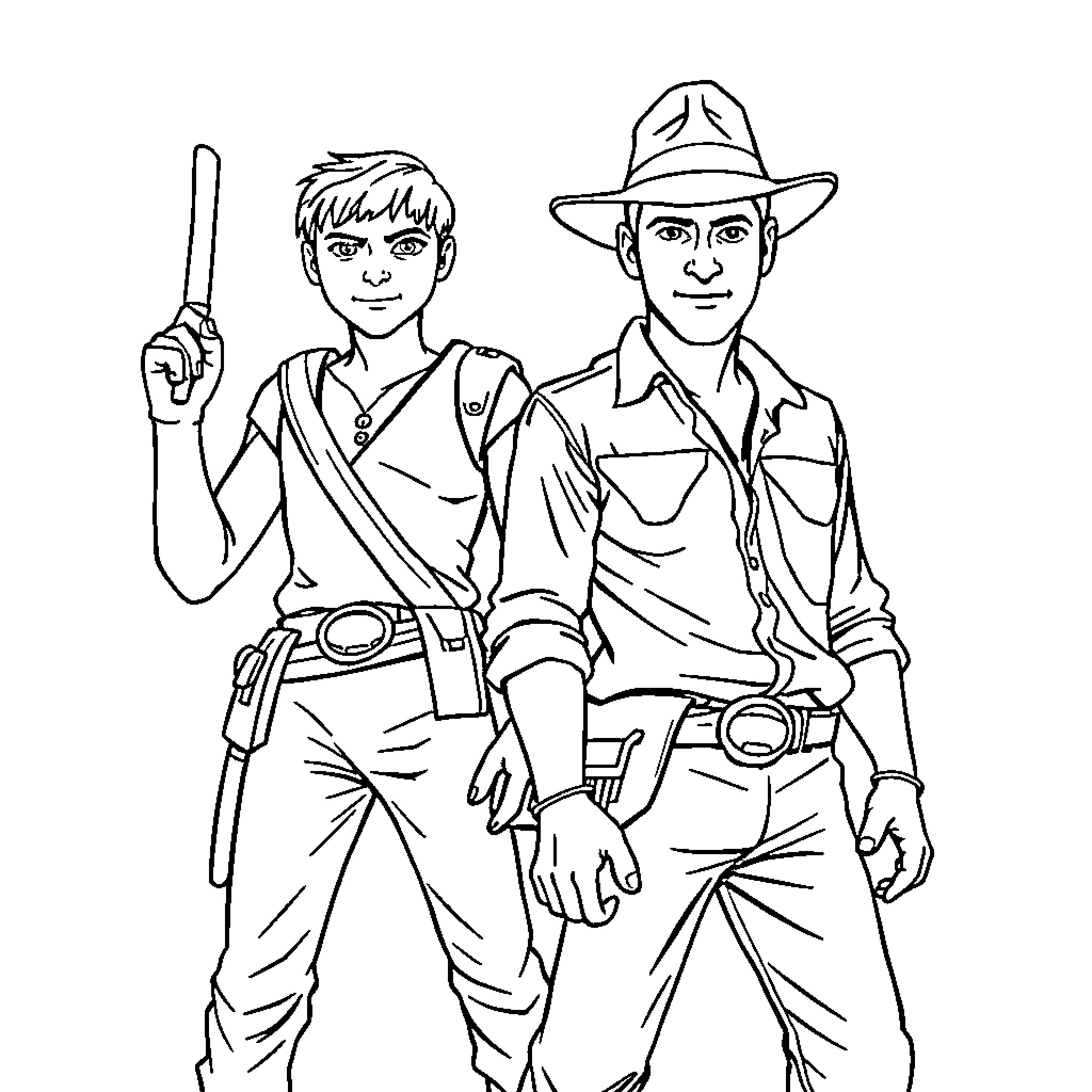 Zoro and Indiana Jones Duo Adventure Coloring Page (free black-and-white line drawing printable PDF for all, from beginners to advanced learners, including children, teens, adults, and seniors)