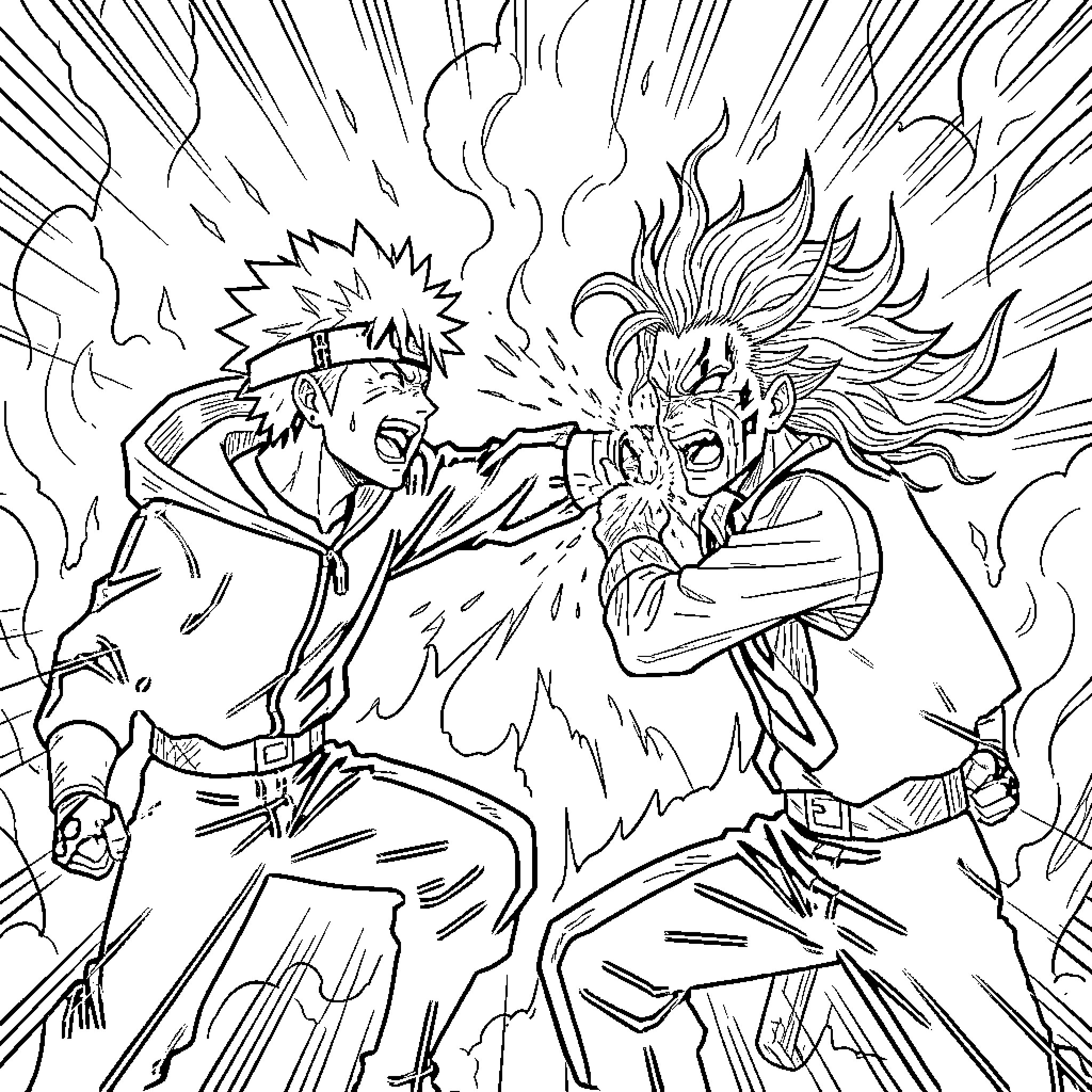 Gojo Engaging in Intense Combat with Powerful Opponent Coloring Page (free black-and-white line drawing printable PDF for all, from beginners to advanced learners, including children, teens, adults, and seniors)