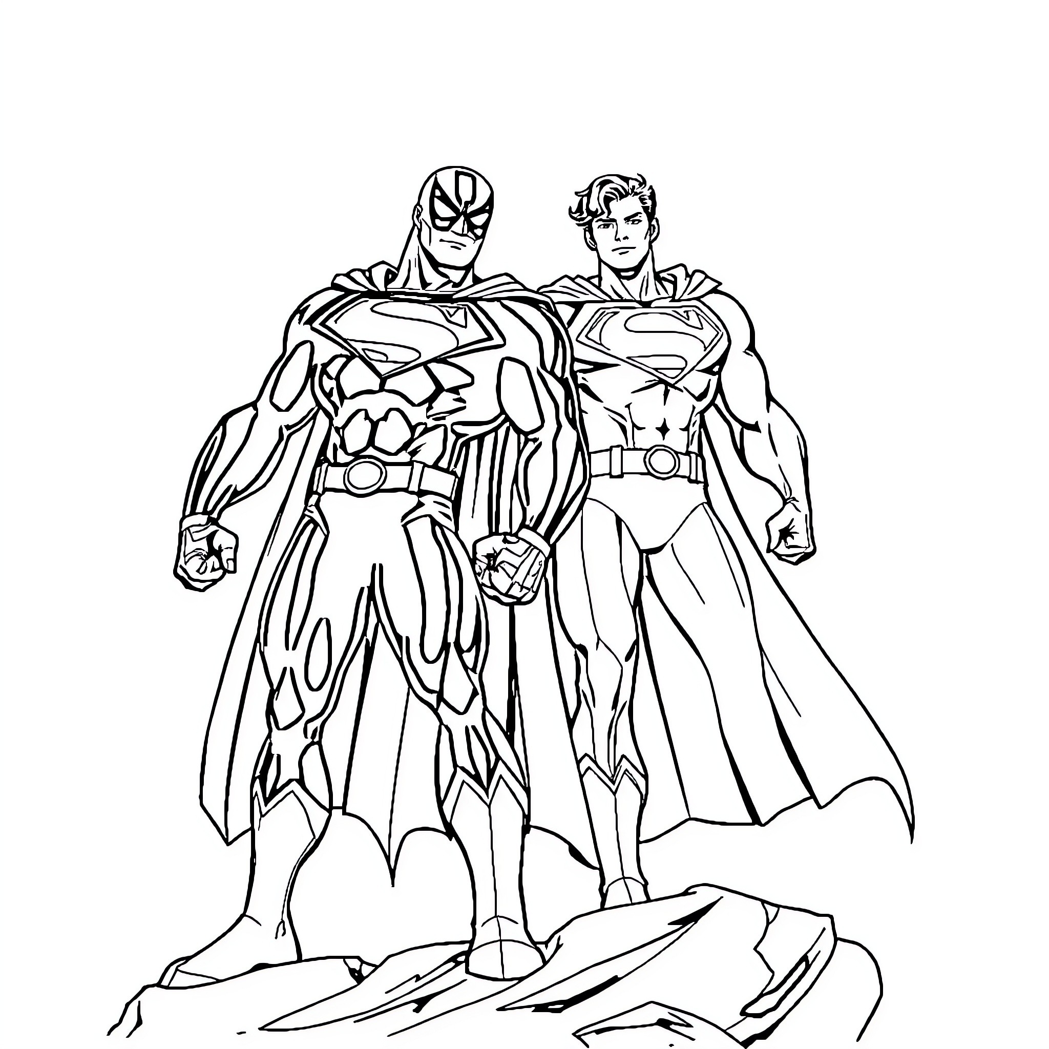 Superhero teammates confront challenges together Coloring Page (free black-and-white line drawing printable PDF for all, from beginners to advanced learners, including children, teens, adults, and seniors)