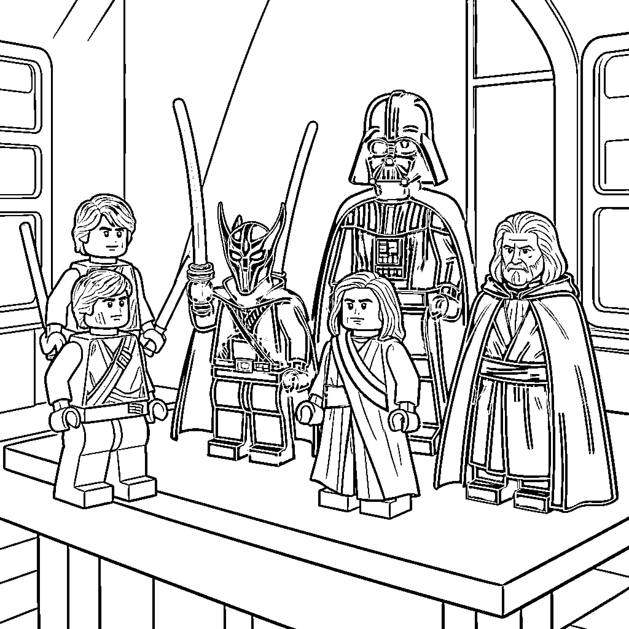 Star Wars Figure Gathering in a Spaceship Coloring Page (free black-and-white line drawing printable PDF for all, from beginners to advanced learners, including children, teens, adults, and seniors)