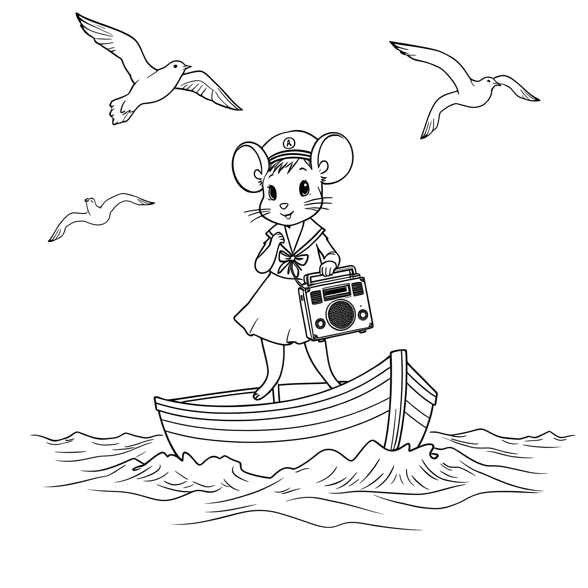 Mouse sailor playing music on the boat Coloring Page (free black-and-white line drawing printable PDF for all, from beginners to advanced learners, including children, teens, adults, and seniors)