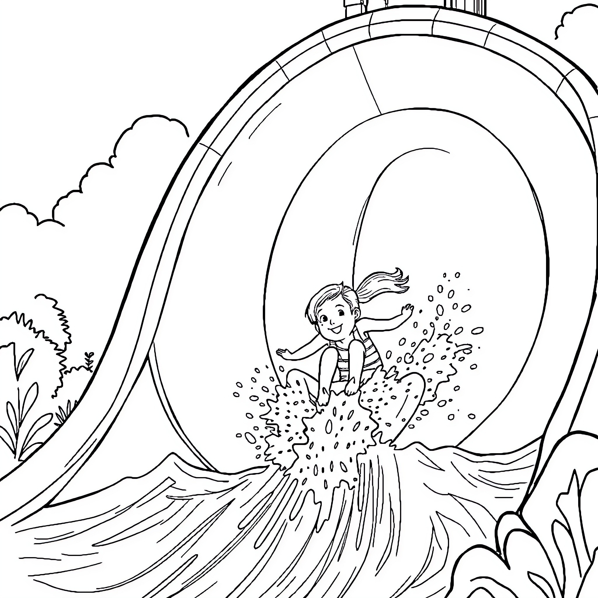 Dad and child playing in water park Coloring Page (free black-and-white line drawing printable PDF for all, from beginners to advanced learners, including children, teens, adults, and seniors)