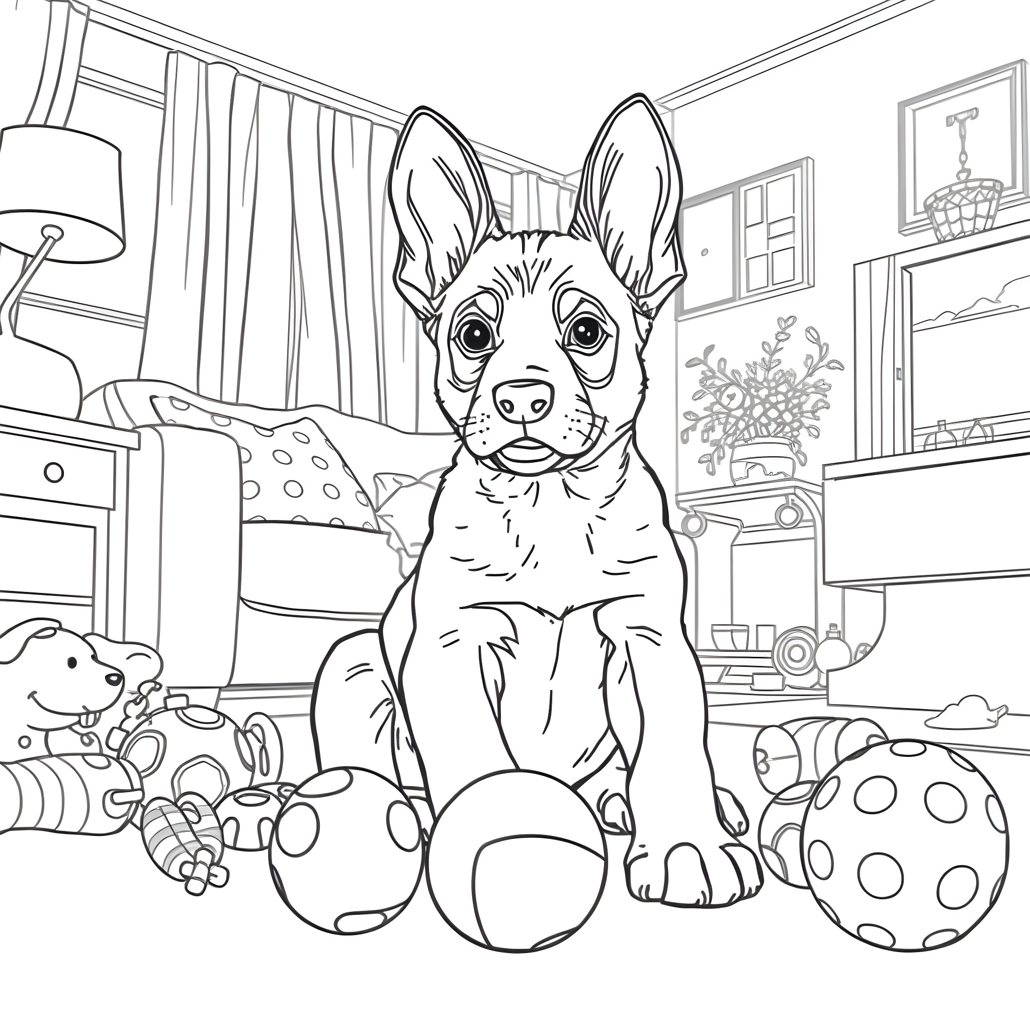 Puppy playing with toys in a cozy room Coloring Page (free black-and-white line drawing printable PDF for all, from beginners to advanced learners, including children, teens, adults, and seniors)