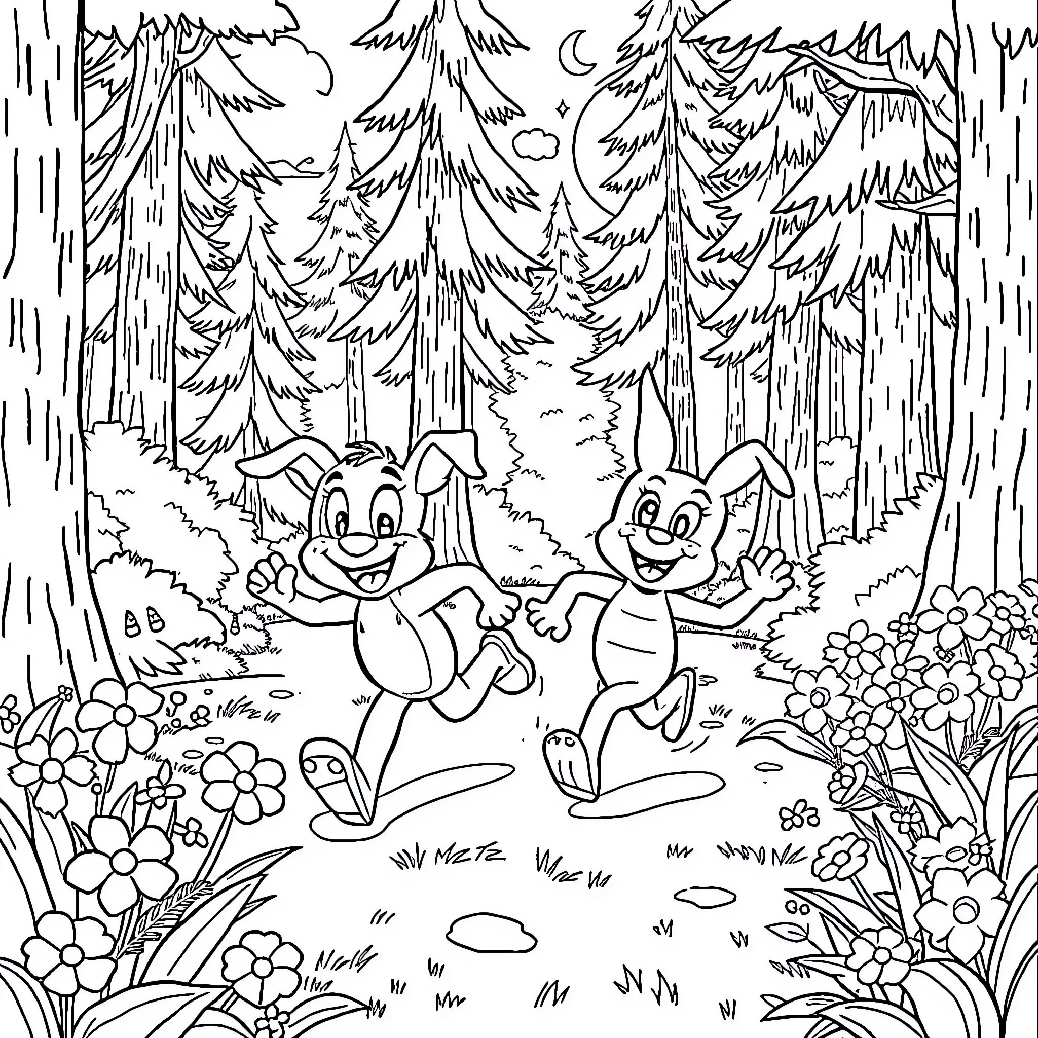 Bluey's Playful Adventure in the Enchanted Forest Coloring Page (free black-and-white line drawing printable PDF for all, from beginners to advanced learners, including children, teens, adults, and seniors)