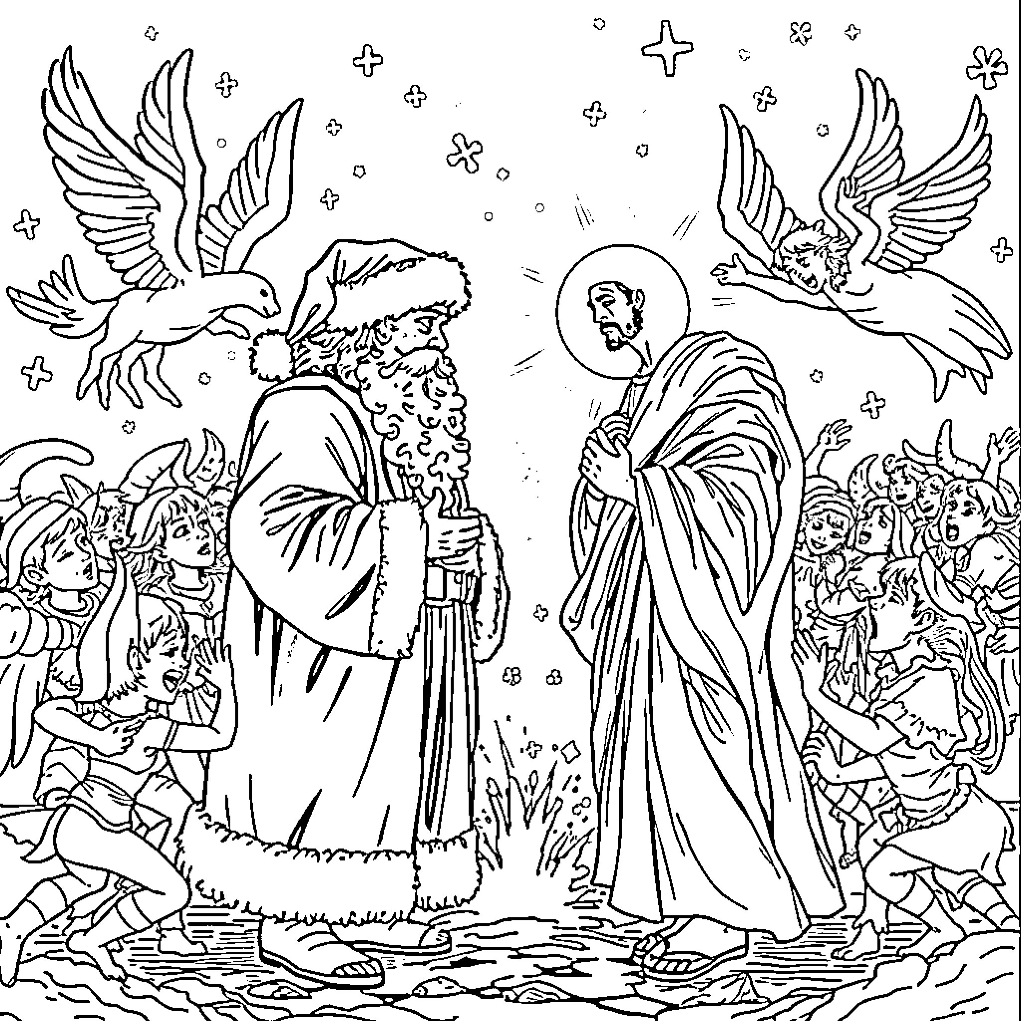 Santa Claus surrounded by angels and adoring children Coloring Page (free black-and-white line drawing printable PDF for all, from beginners to advanced learners, including children, teens, adults, and seniors)