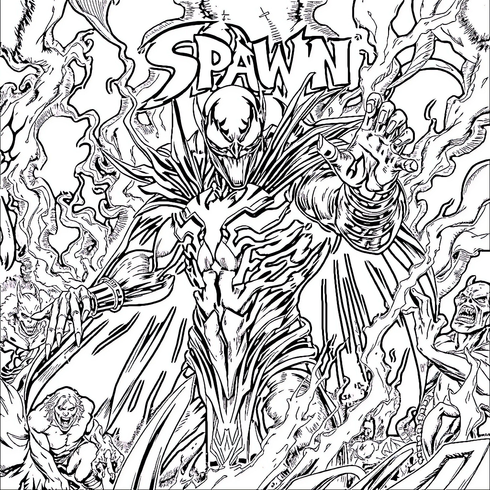 Spawn's Demonic Transformation and Heroic Debut Coloring Page (free black-and-white line drawing printable PDF for all, from beginners to advanced learners, including children, teens, adults, and seniors)