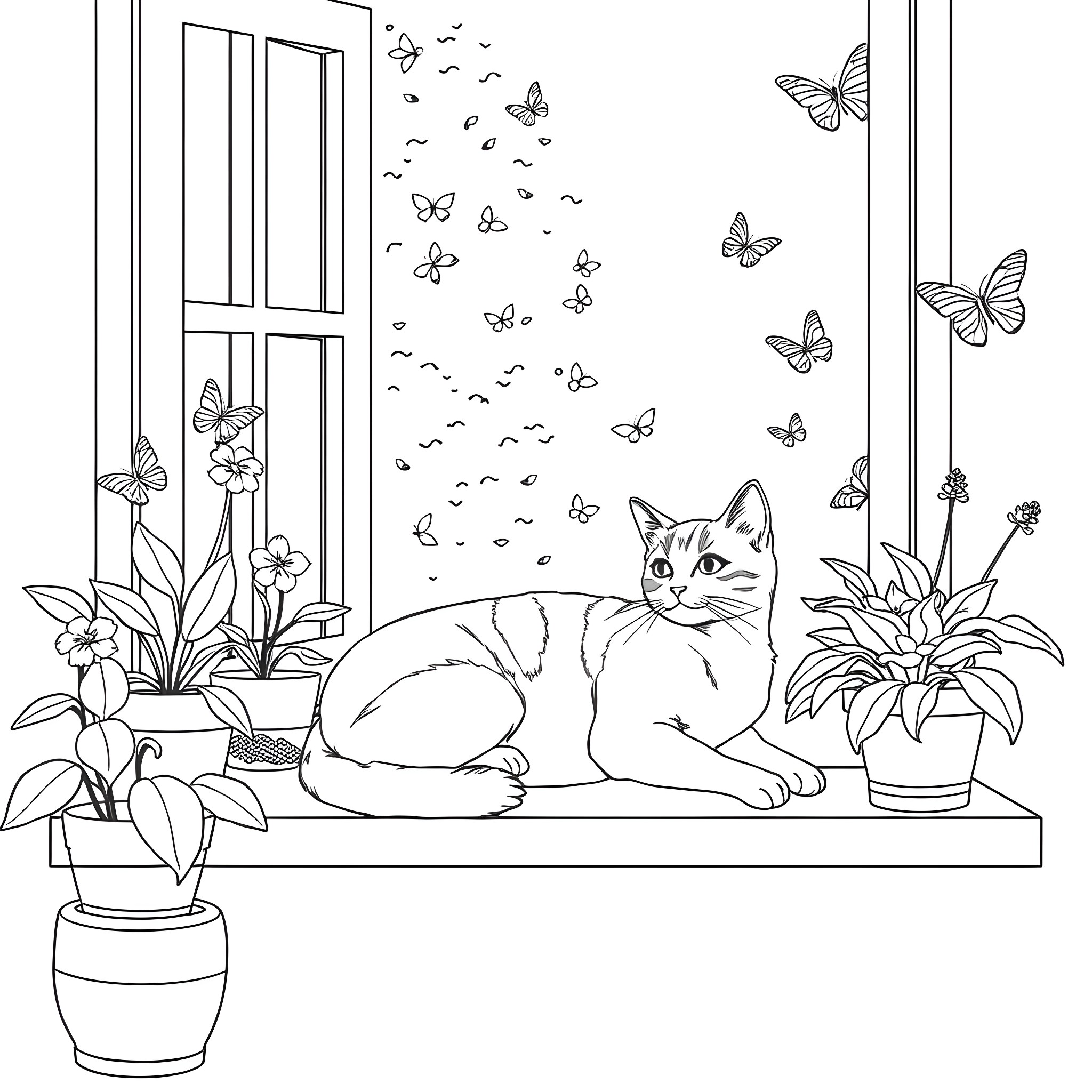 Calico Cat Relaxing in Window with Butterflies Coloring Page (free black-and-white line drawing printable PDF for all, from beginners to advanced learners, including children, teens, adults, and seniors)