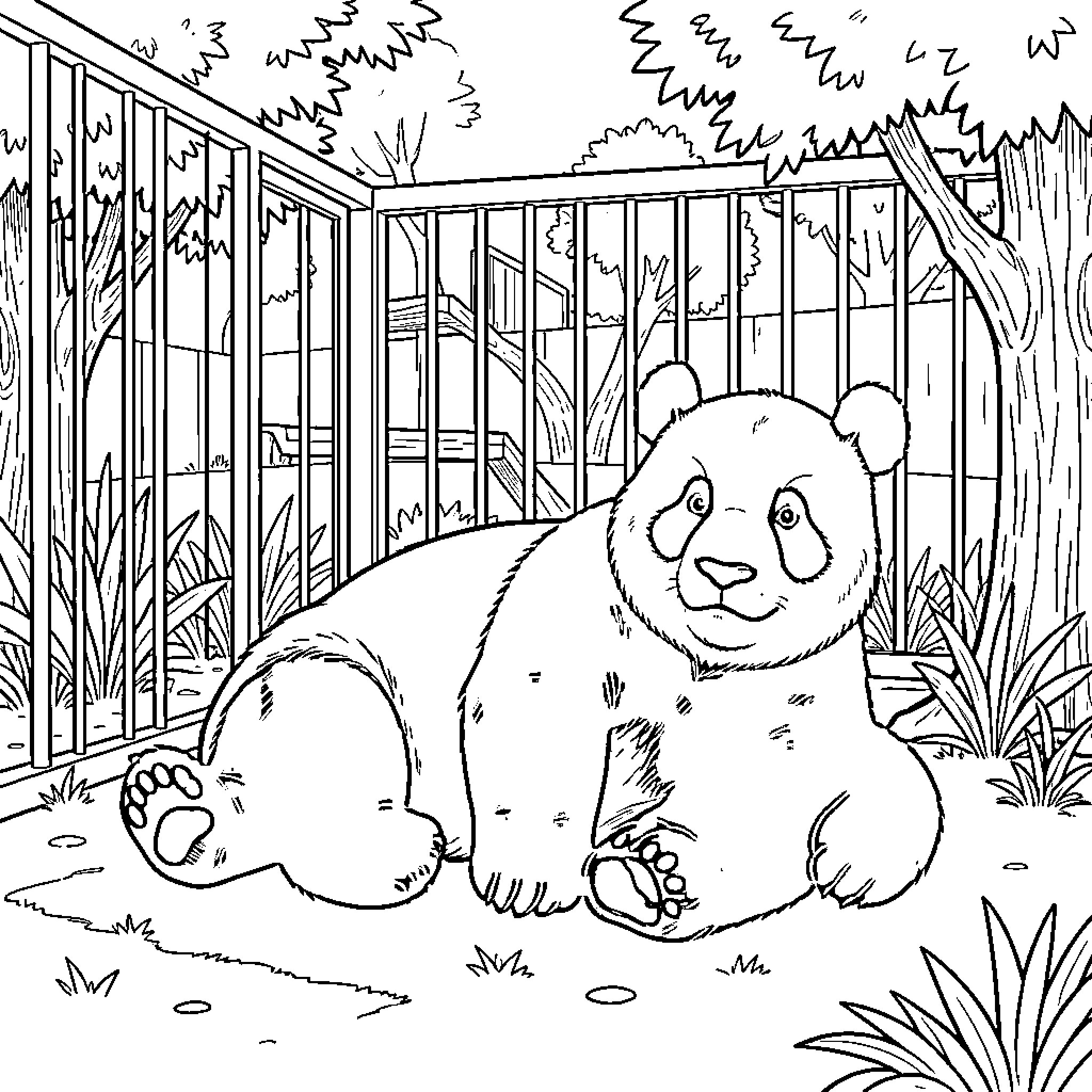 Panda resting peacefully in an enclosure Coloring Page (free black-and-white line drawing printable PDF for all, from beginners to advanced learners, including children, teens, adults, and seniors)
