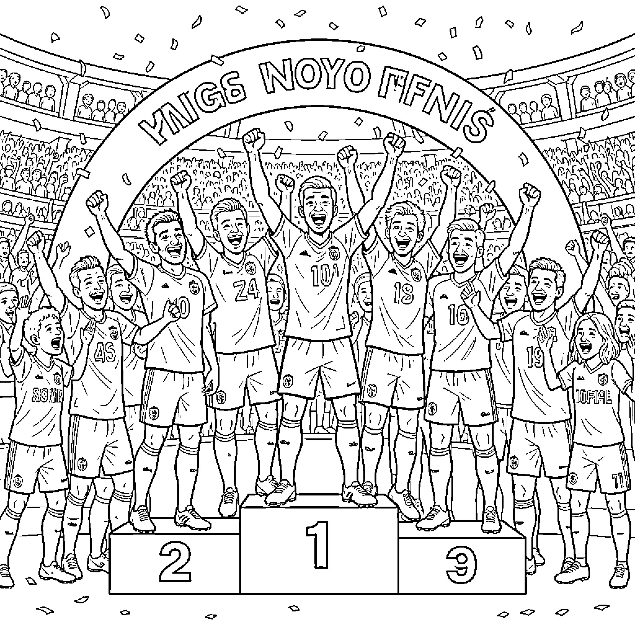 Soccer Team celebrating victory on a winner's podium Coloring Page (free black-and-white line drawing printable PDF for all, from beginners to advanced learners, including children, teens, adults, and seniors)