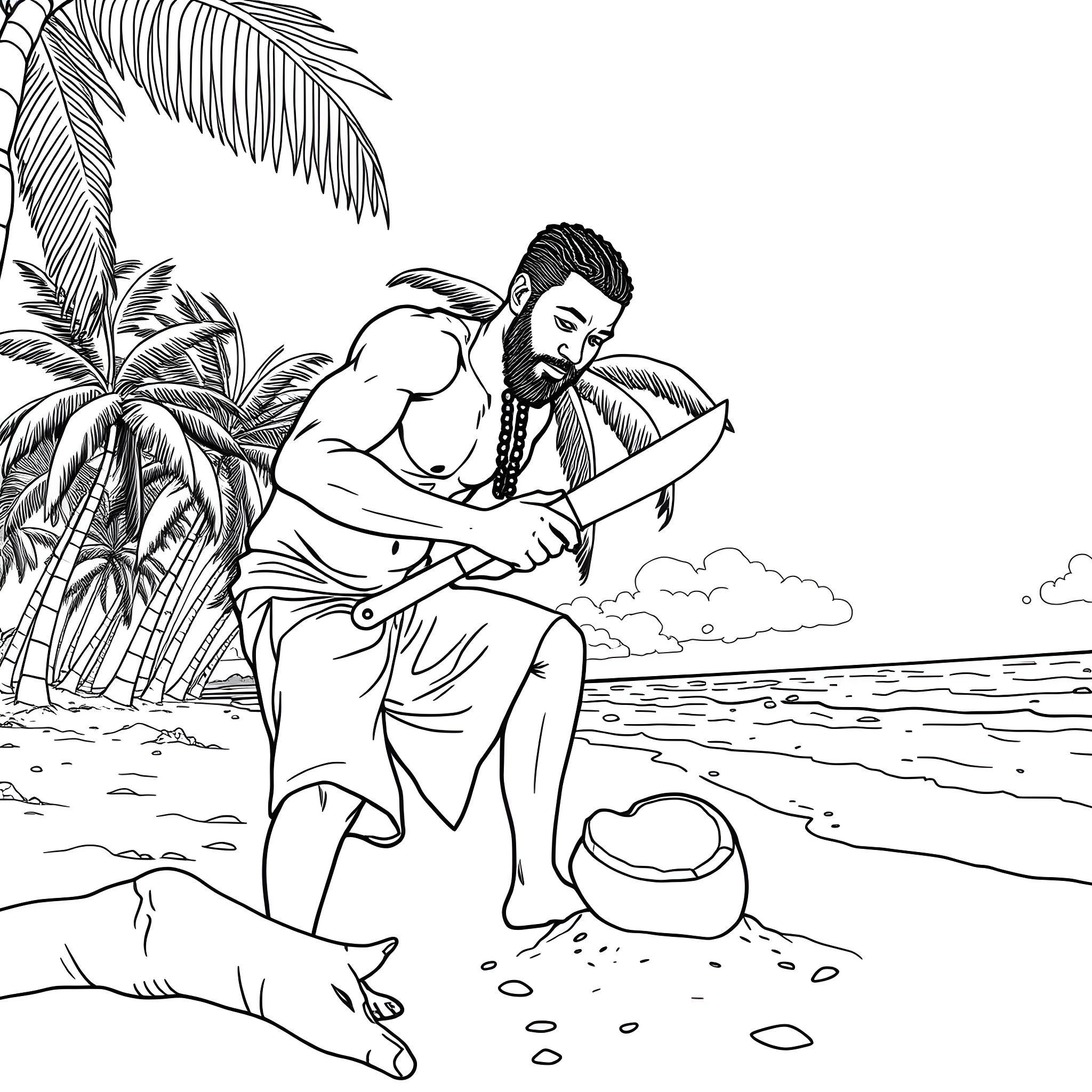 Jamaican man carving wood on the beach Coloring Page (free black-and-white line drawing printable PDF for all, from beginners to advanced learners, including children, teens, adults, and seniors)