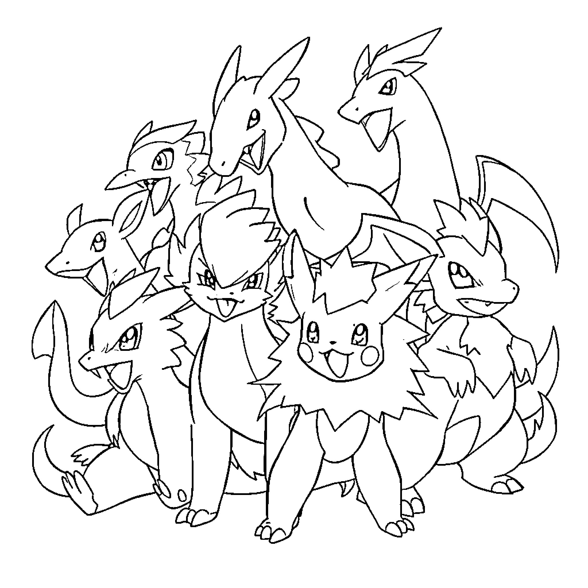Pokémon characters gathered in a group Coloring Page (free black-and-white line drawing printable PDF for all, from beginners to advanced learners, including children, teens, adults, and seniors)