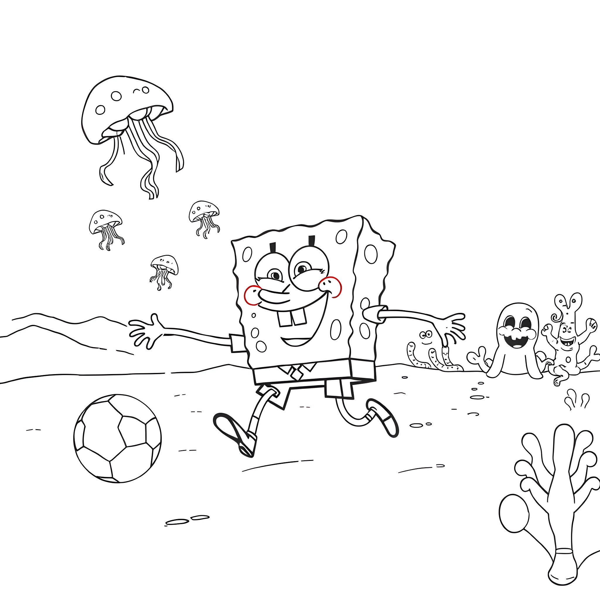 Spongebob playing soccer with friends underwater Coloring Page (free black-and-white line drawing printable PDF for all, from beginners to advanced learners, including children, teens, adults, and seniors)