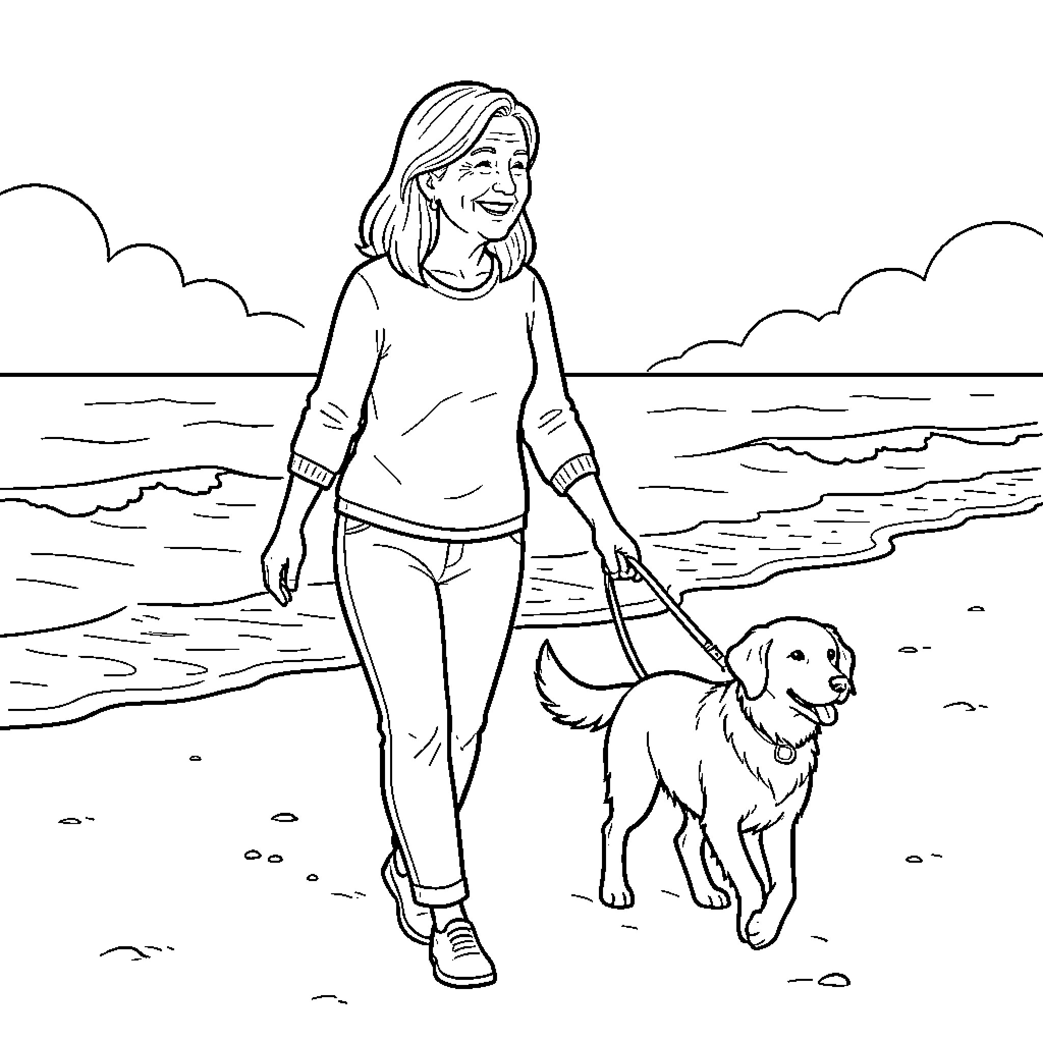 Woman walking a dog along the beach Coloring Page (free black-and-white line drawing printable PDF for all, from beginners to advanced learners, including children, teens, adults, and seniors)