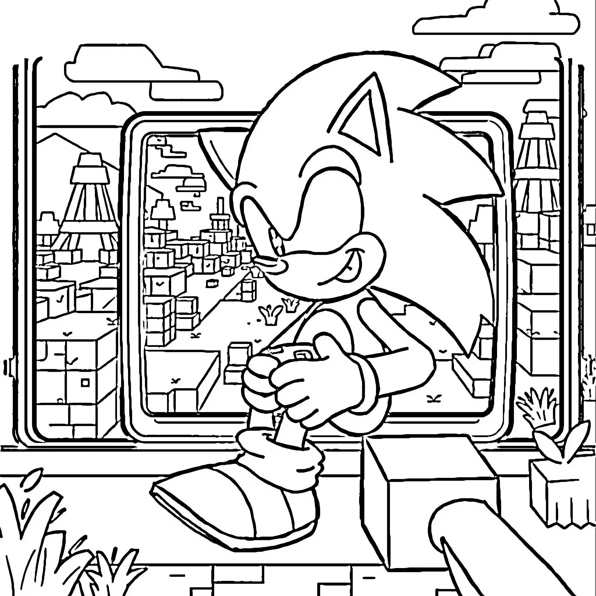 Sonic exploring the city landscape Coloring Page (free black-and-white line drawing printable PDF for all, from beginners to advanced learners, including children, teens, adults, and seniors)