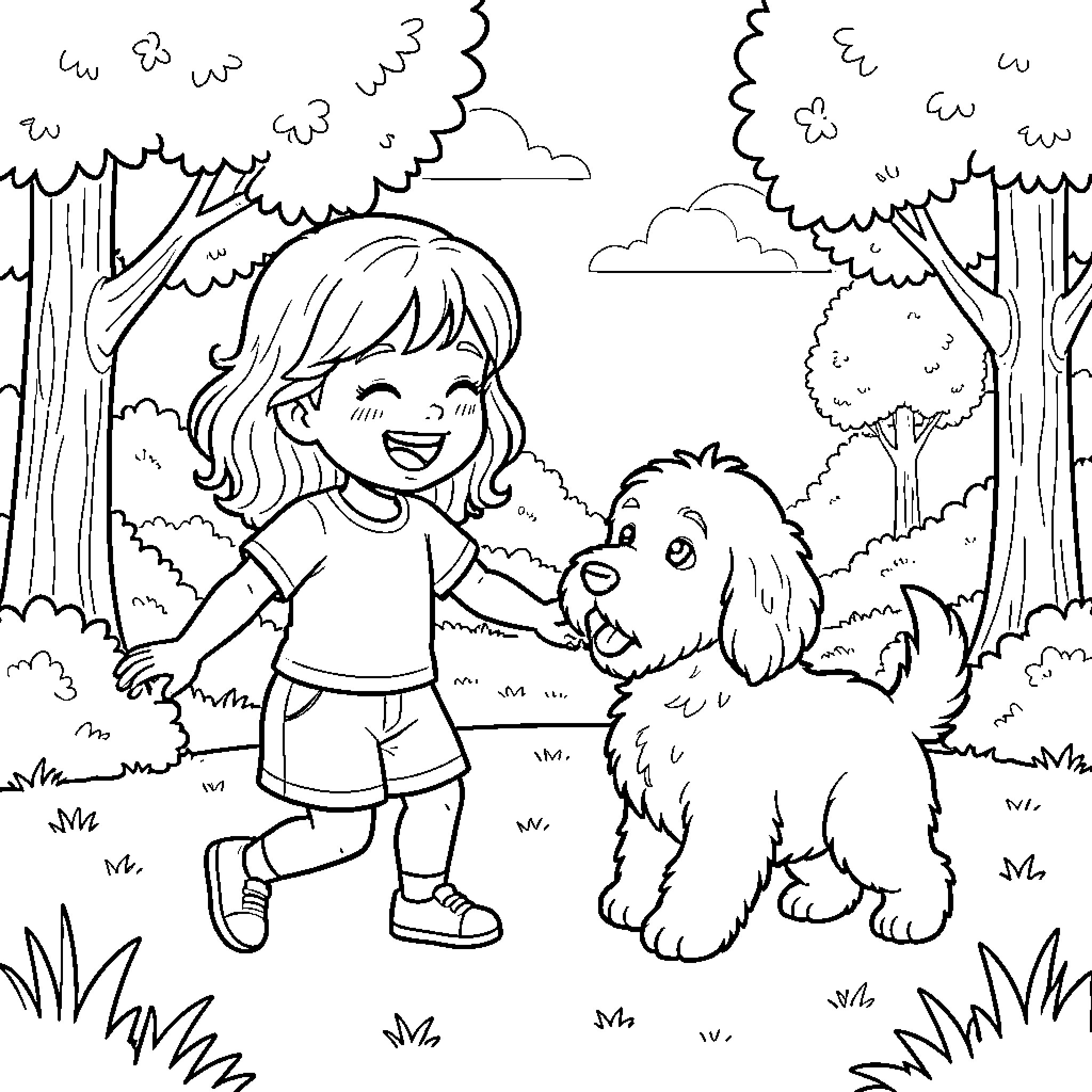 Nina Enjoys the Outdoors with Her Furry Companion Coloring Page (free black-and-white line drawing printable PDF for all, from beginners to advanced learners, including children, teens, adults, and seniors)