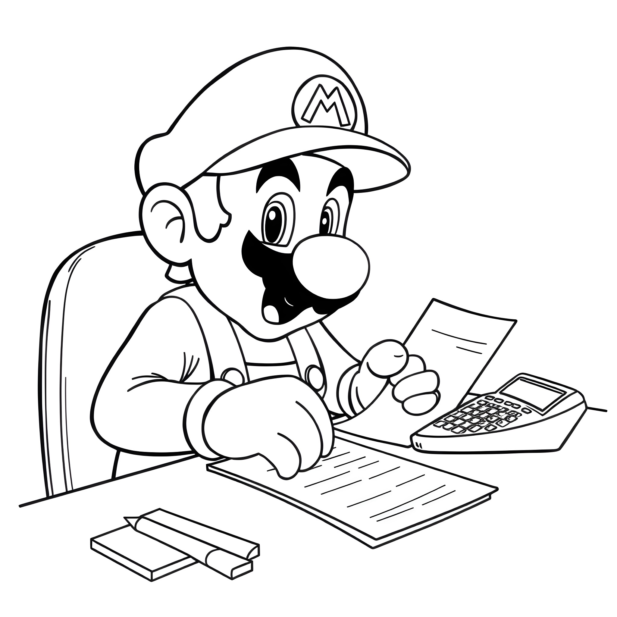 Mario working diligently at his desk Coloring Page (free black-and-white line drawing printable PDF for all, from beginners to advanced learners, including children, teens, adults, and seniors)