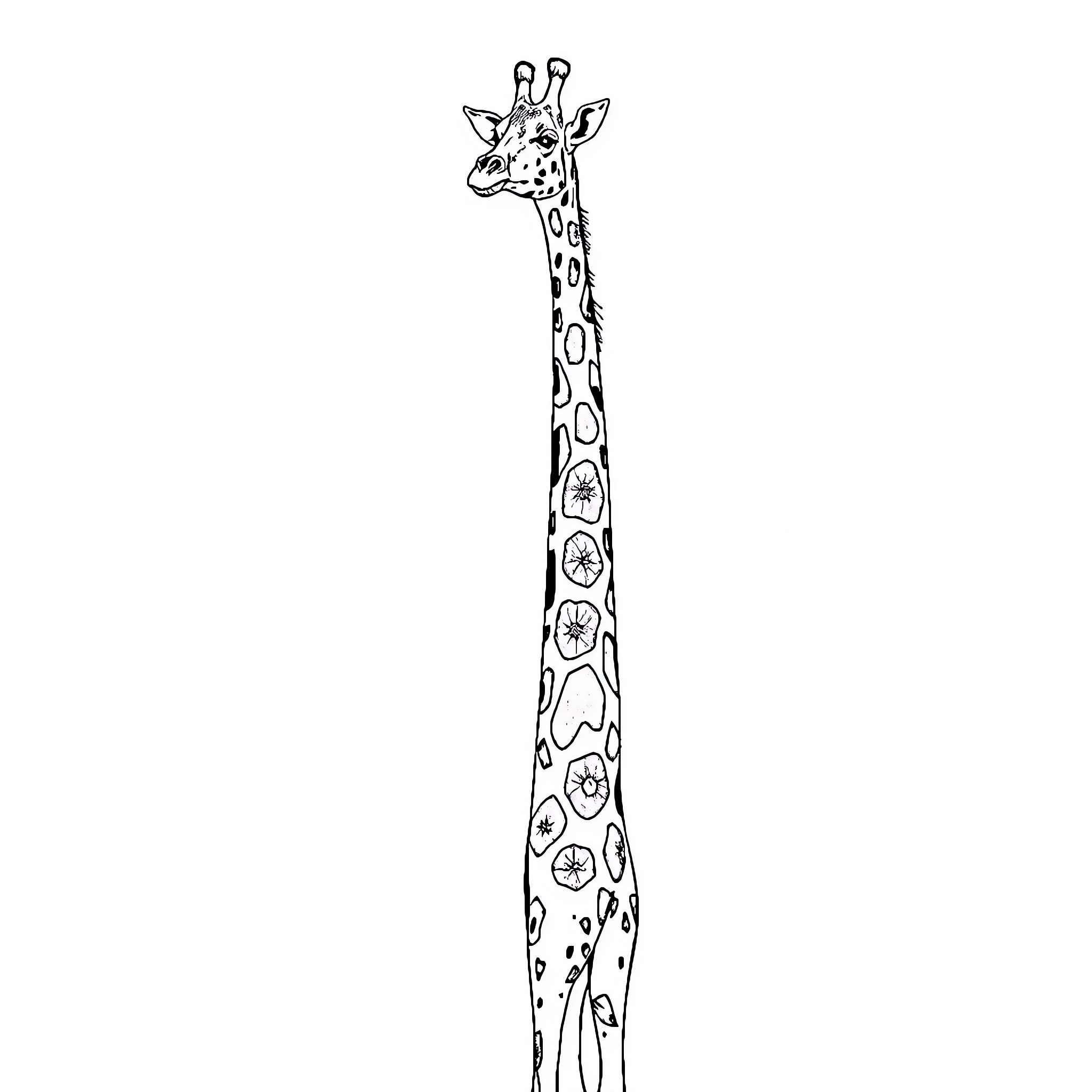 Giraffe with distinctive patterned neck Coloring Page (free black-and-white line drawing printable PDF for all, from beginners to advanced learners, including children, teens, adults, and seniors)