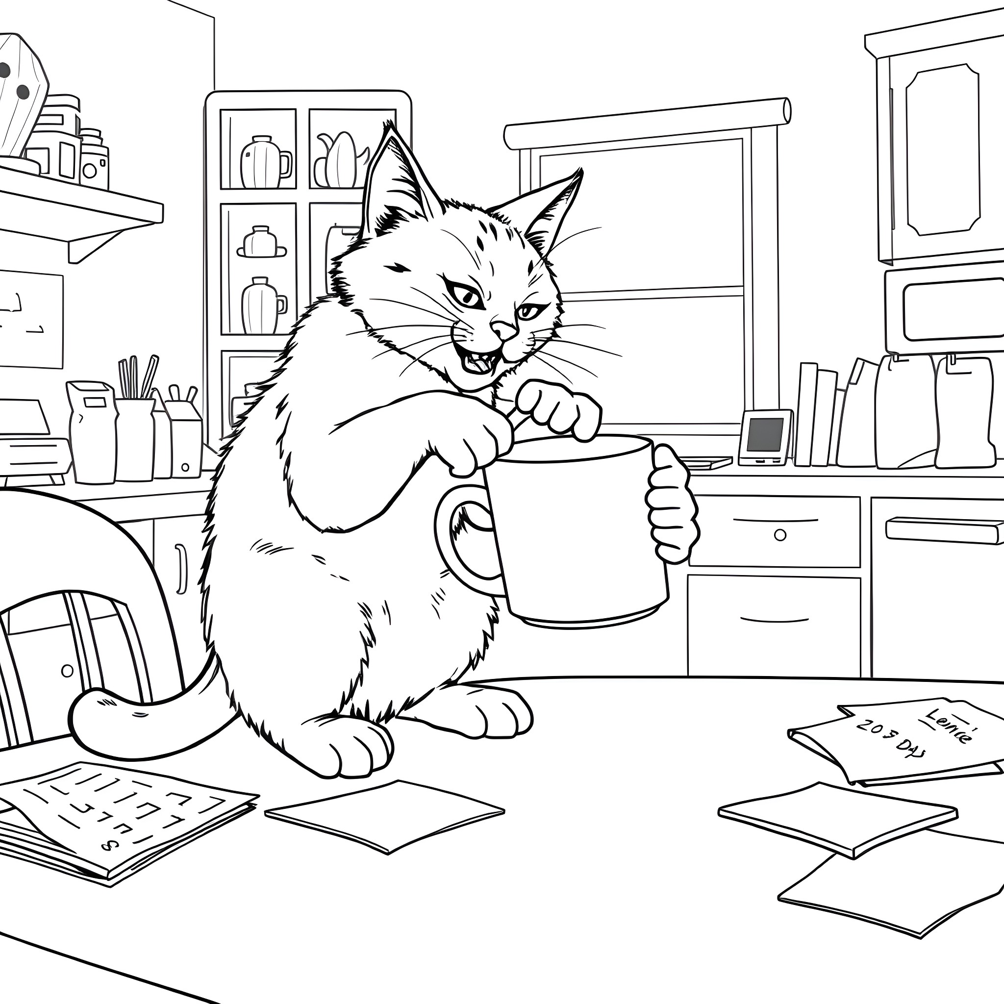 Cat enjoying a warm beverage in a cozy home Coloring Page (free black-and-white line drawing printable PDF for all, from beginners to advanced learners, including children, teens, adults, and seniors)