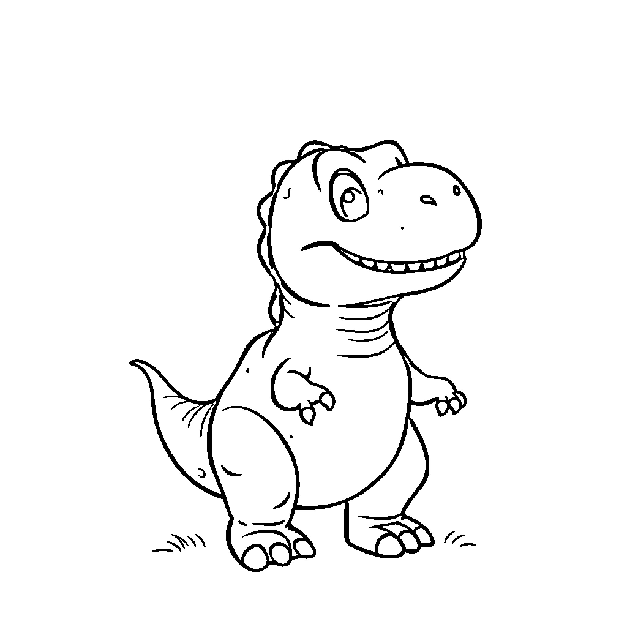 T-Rex smiling playfully in cartoon style Coloring Page (free black-and-white line drawing printable PDF for all, from beginners to advanced learners, including children, teens, adults, and seniors)