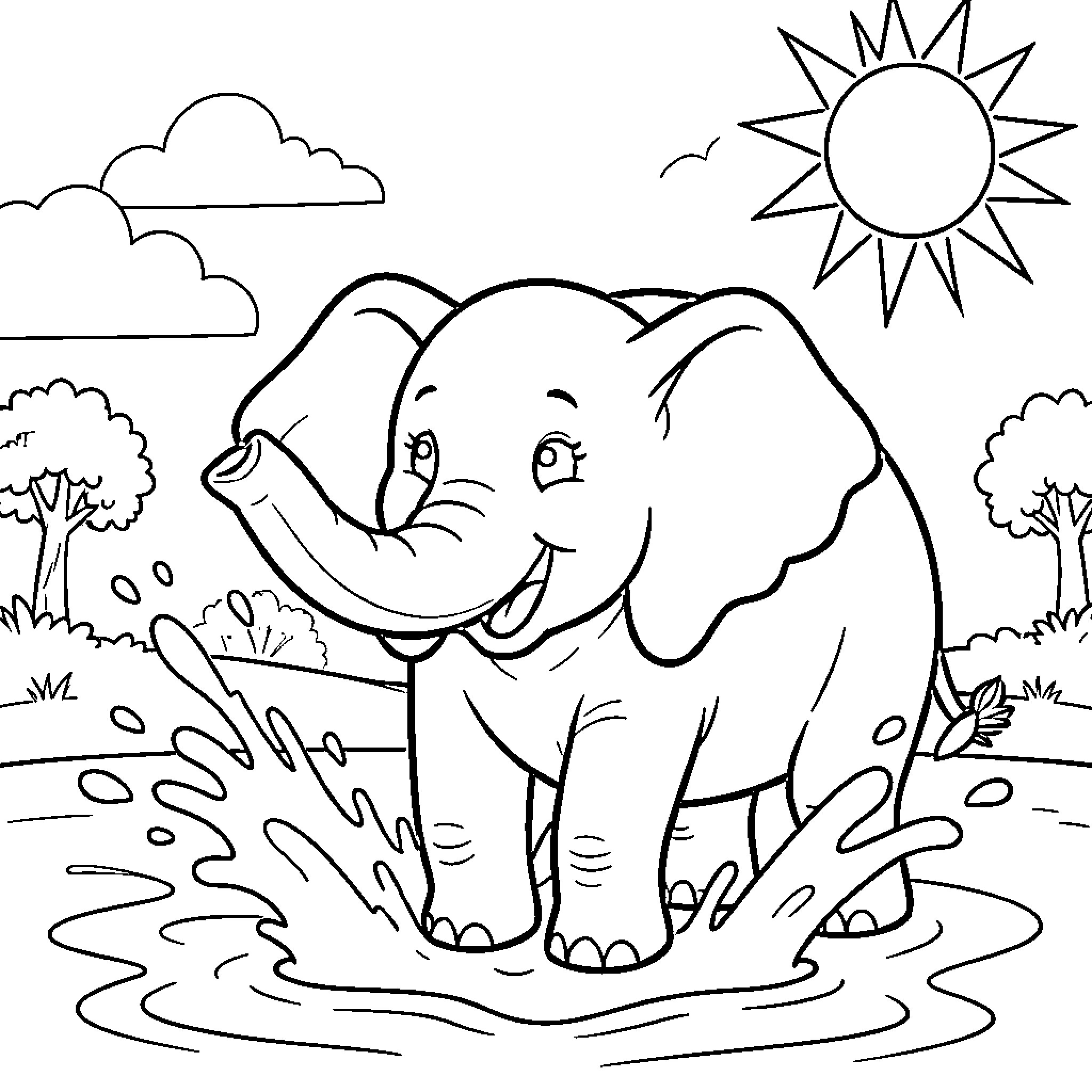 Elephant Playing in the Sunny Meadow Coloring Page (free black-and-white line drawing printable PDF for all, from beginners to advanced learners, including children, teens, adults, and seniors)
