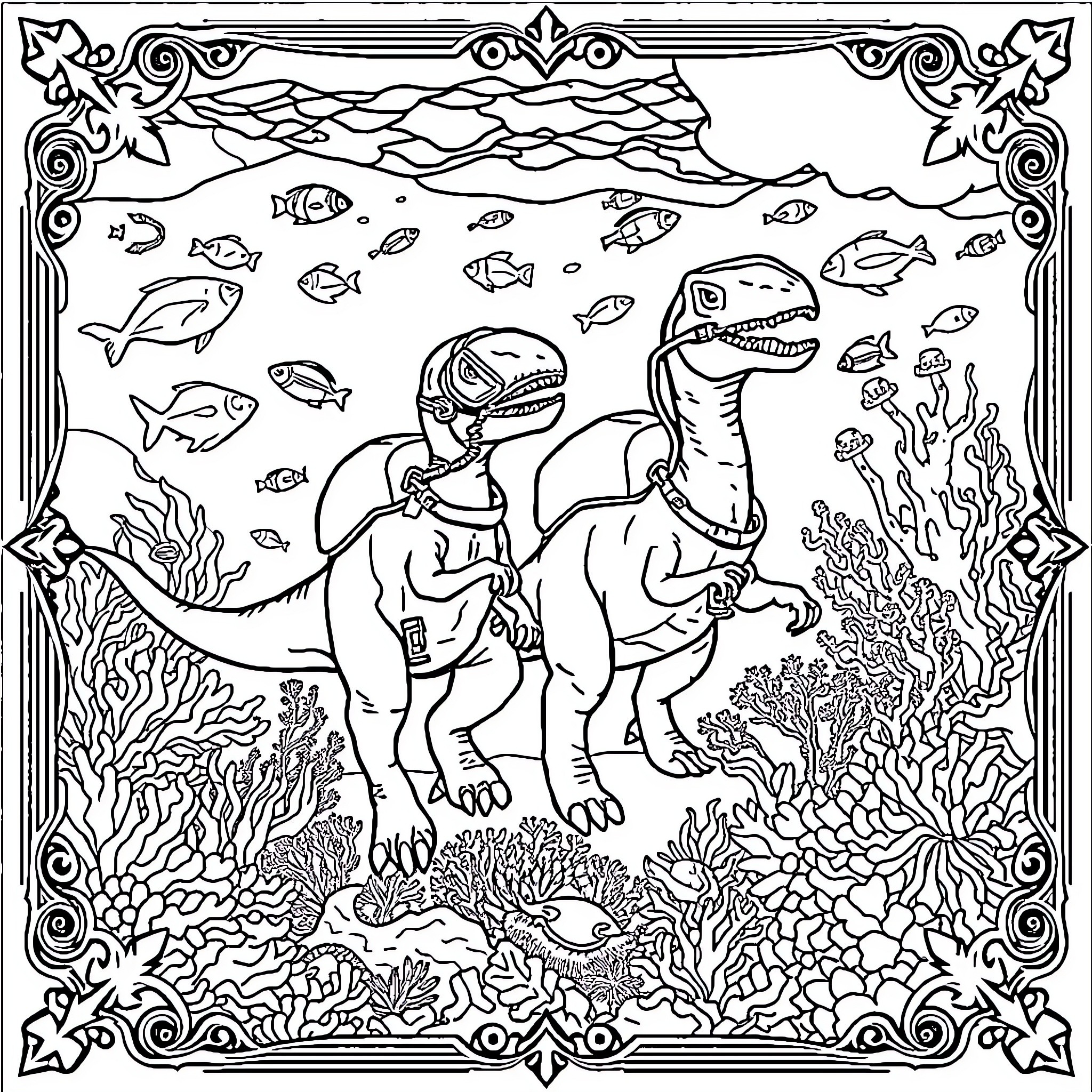 Dinosaurs exploring underwater coral reef scene Coloring Page (free black-and-white line drawing printable PDF for all, from beginners to advanced learners, including children, teens, adults, and seniors)