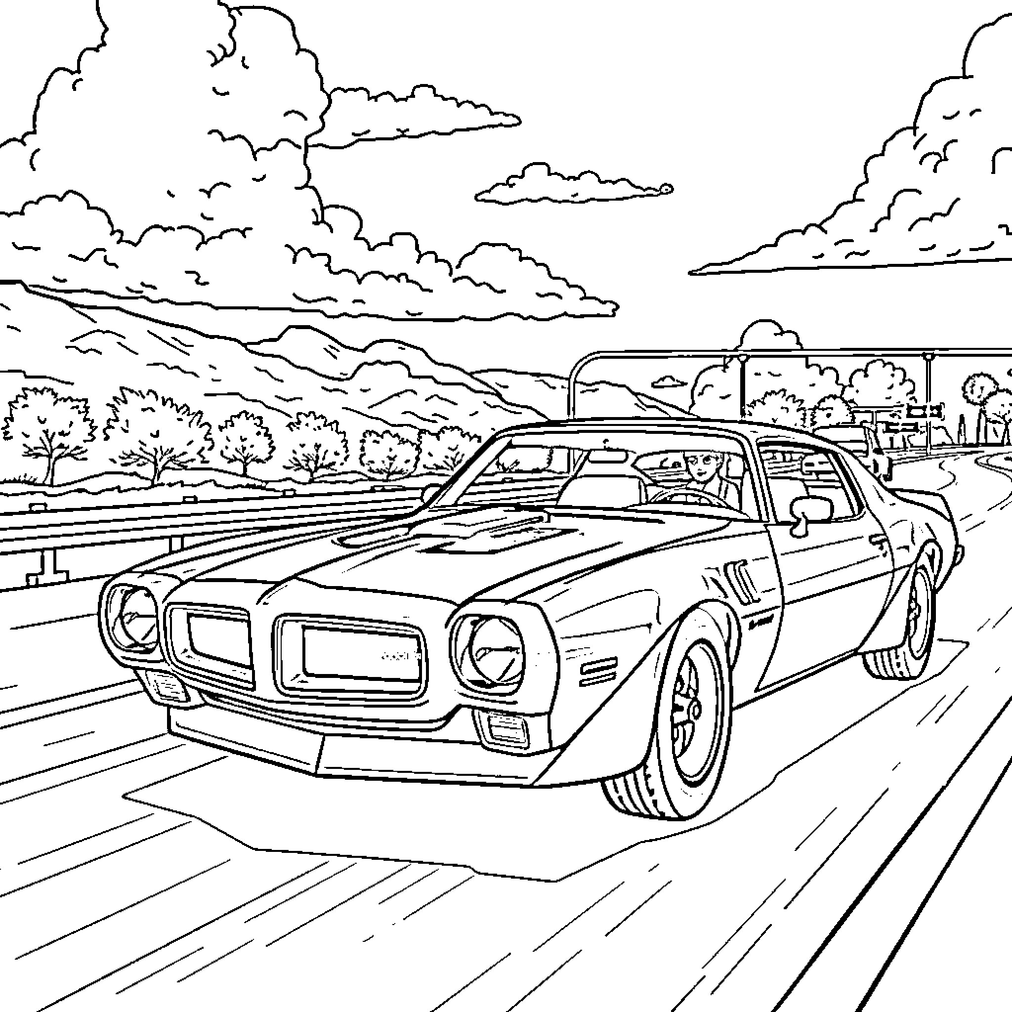 Trans Am racing down the open road Coloring Page (free black-and-white line drawing printable PDF for all, from beginners to advanced learners, including children, teens, adults, and seniors)