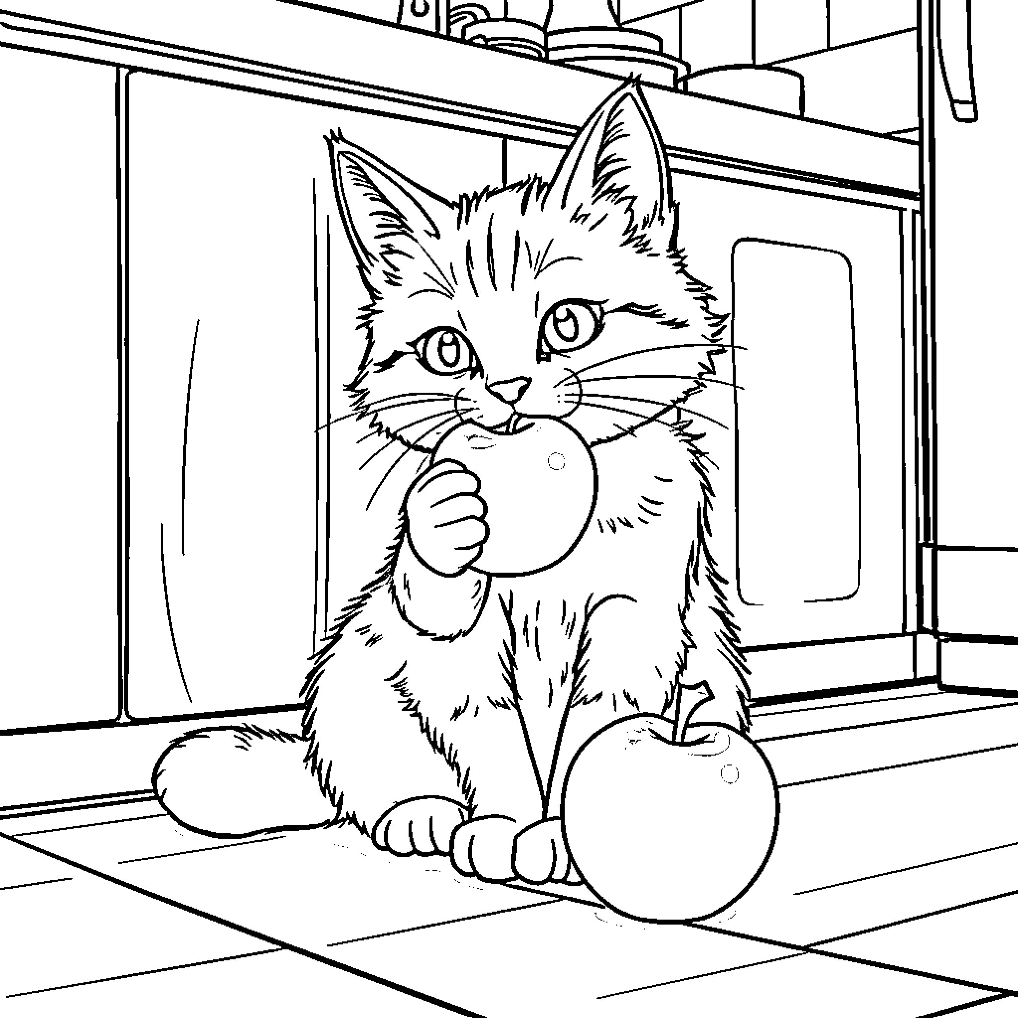Cat Enjoying a Tasty Apple Coloring Page (free black-and-white line drawing printable PDF for all, from beginners to advanced learners, including children, teens, adults, and seniors)