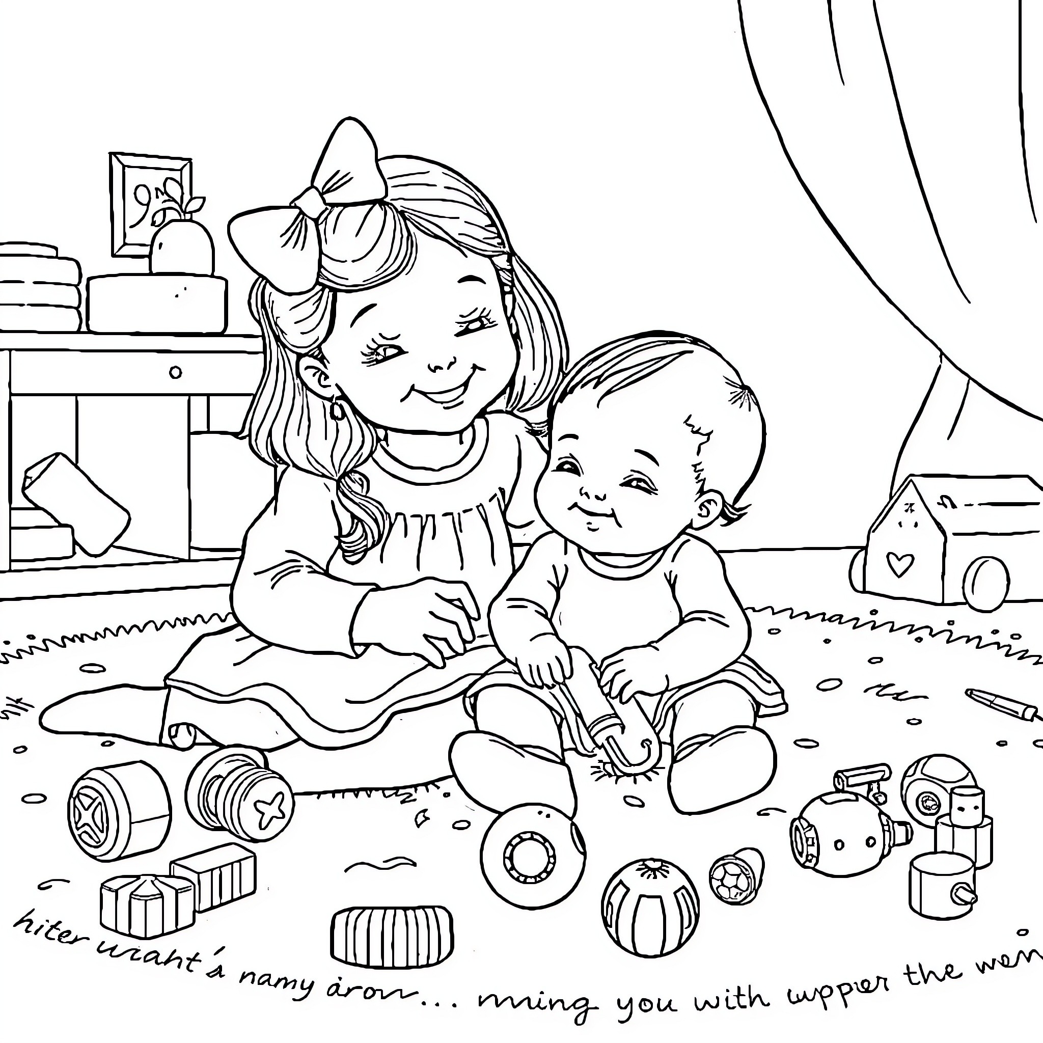 Girl playing happily with baby sibling in room Coloring Page (free black-and-white line drawing printable PDF for all, from beginners to advanced learners, including children, teens, adults, and seniors)