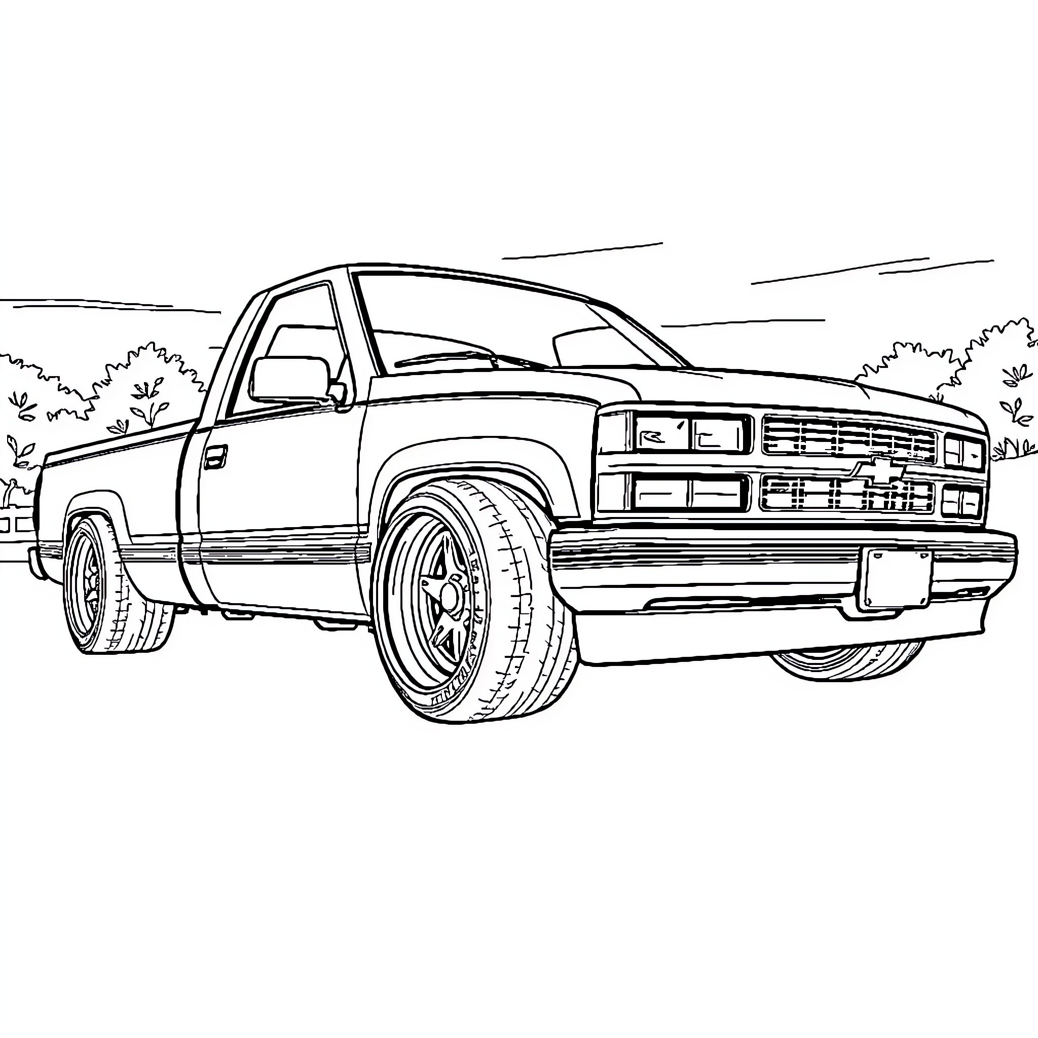 Chevy Pickup Truck in the Countryside Coloring Page (free black-and-white line drawing printable PDF for all, from beginners to advanced learners, including children, teens, adults, and seniors)