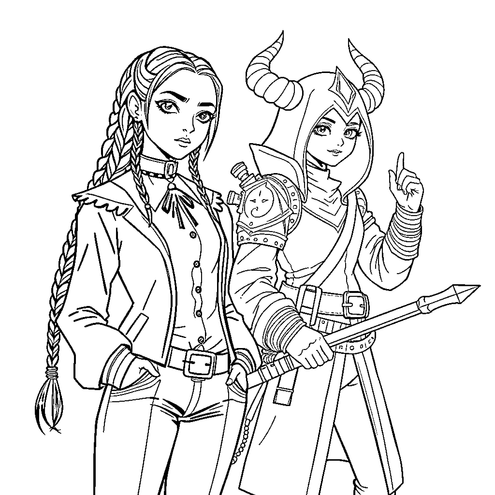 Wednesday Addams and Maleficent in Comic Book Style Coloring Page (free black-and-white line drawing printable PDF for all, from beginners to advanced learners, including children, teens, adults, and seniors)