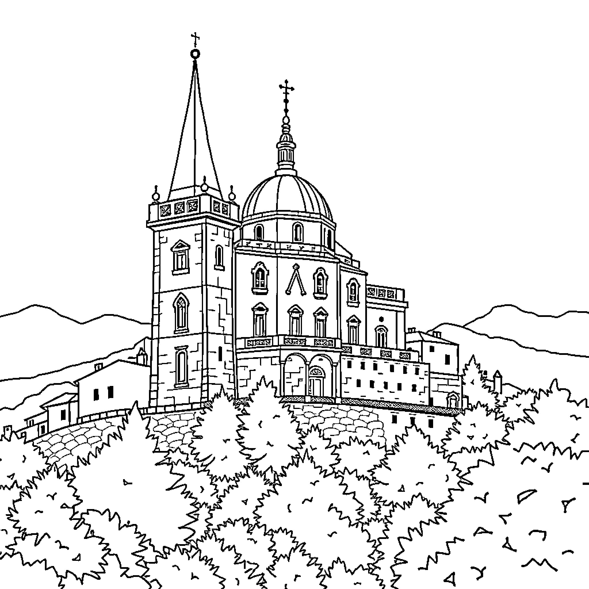 Trampoline in front of majestic cathedral Coloring Page (free black-and-white line drawing printable PDF for all, from beginners to advanced learners, including children, teens, adults, and seniors)