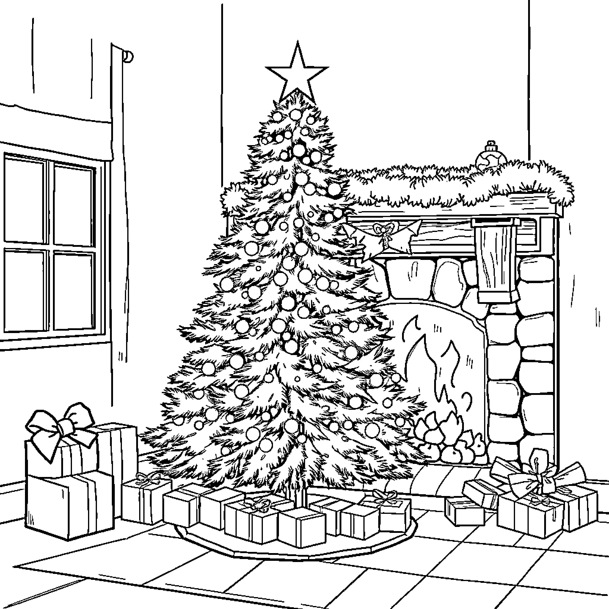 Christmas Tree with Presents and Fireplace Scene Coloring Page (free black-and-white line drawing printable PDF for all, from beginners to advanced learners, including children, teens, adults, and seniors)