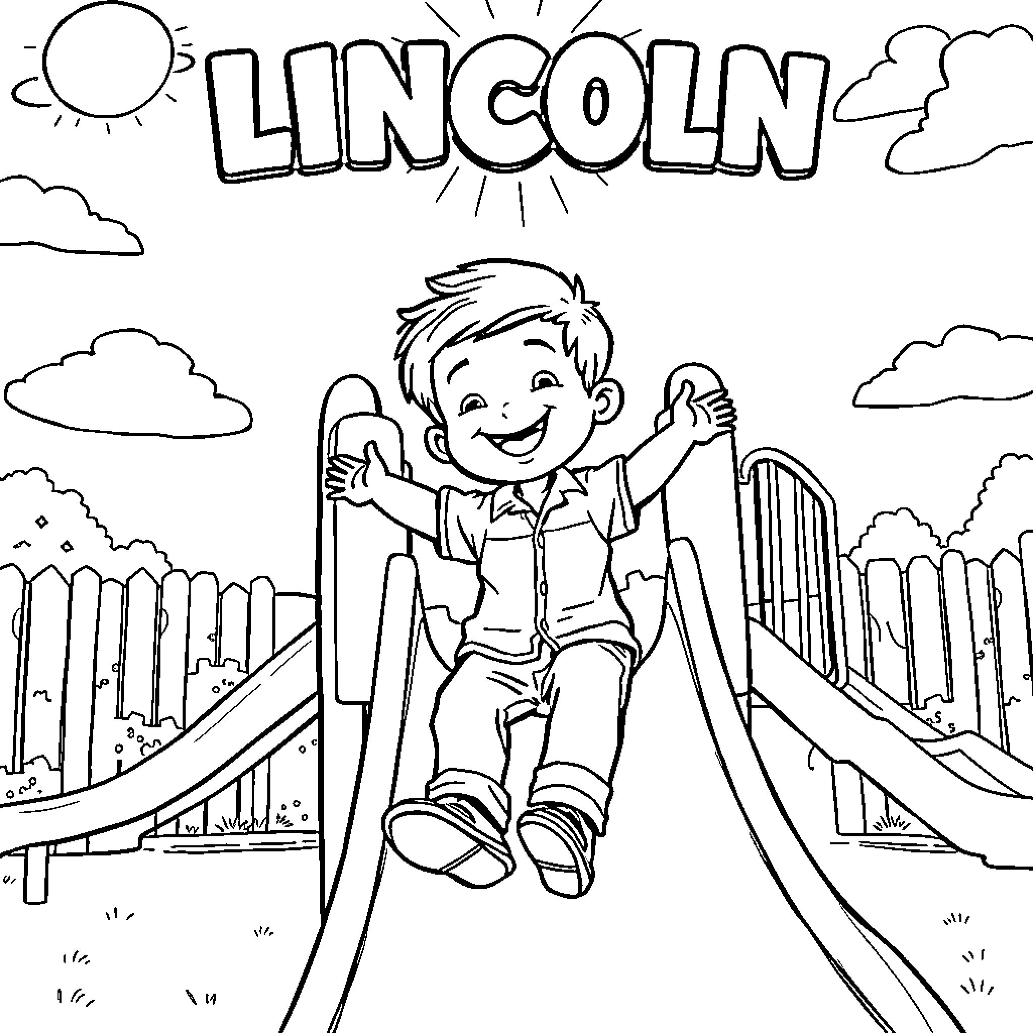 Toddler enjoying a playground slide in a sunny day Coloring Page (free black-and-white line drawing printable PDF for all, from beginners to advanced learners, including children, teens, adults, and seniors)