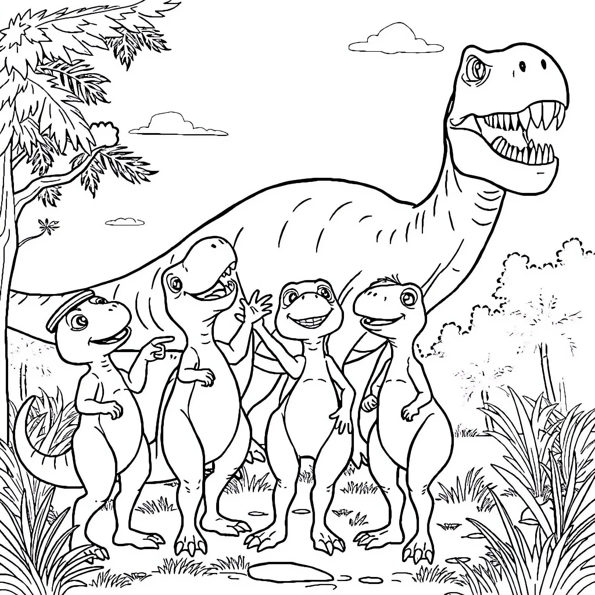 Dinosaurs exploring the prehistoric jungle Coloring Page (free black-and-white line drawing printable PDF for all, from beginners to advanced learners, including children, teens, adults, and seniors)