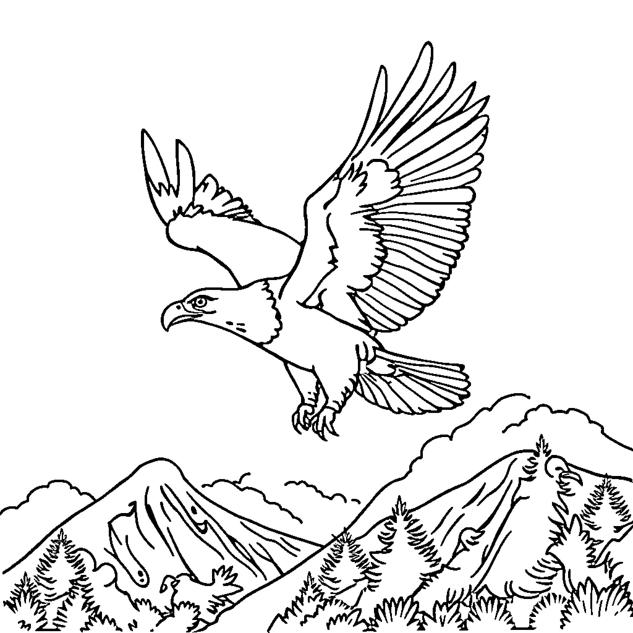 Eagle soaring over mountainous landscape Coloring Page (free black-and-white line drawing printable PDF for all, from beginners to advanced learners, including children, teens, adults, and seniors)