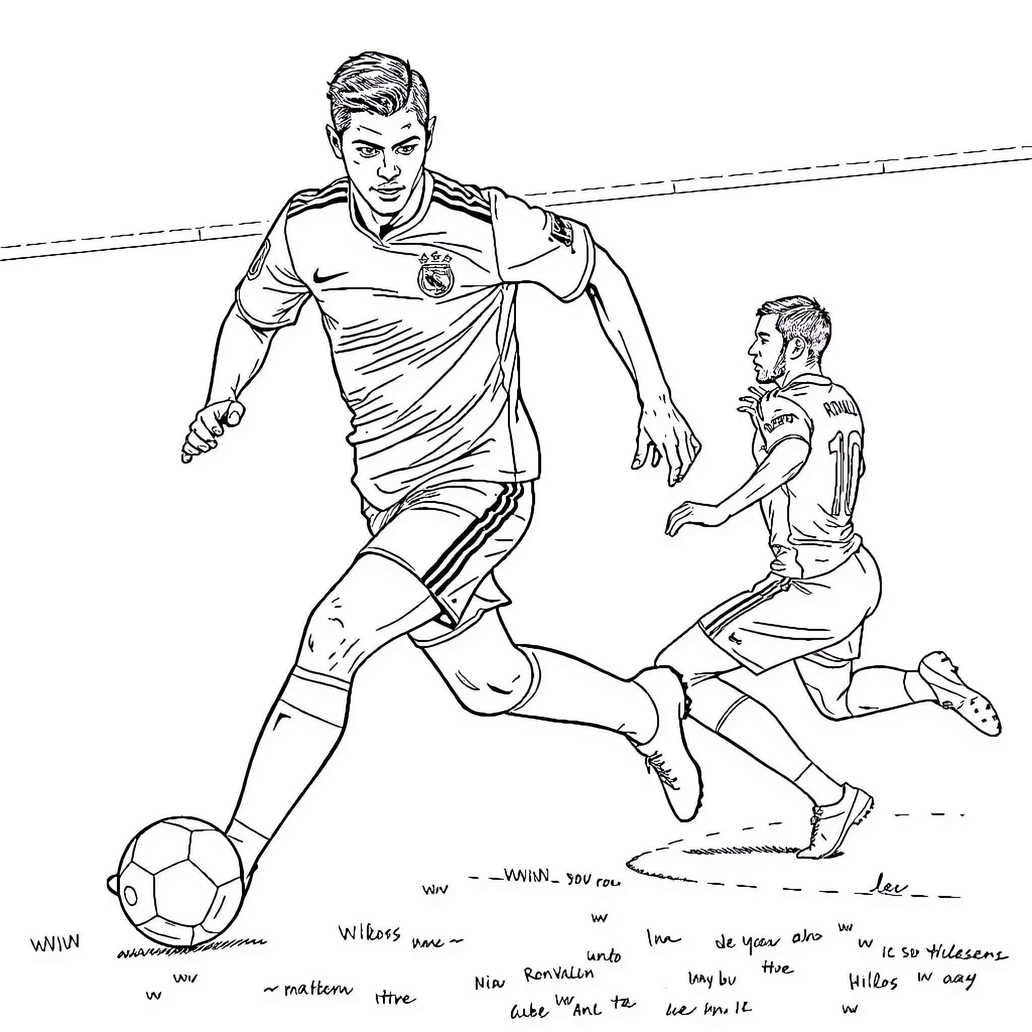 Ronaldo's Powerful Soccer Moves and Determination Coloring Page (free black-and-white line drawing printable PDF for all, from beginners to advanced learners, including children, teens, adults, and seniors)