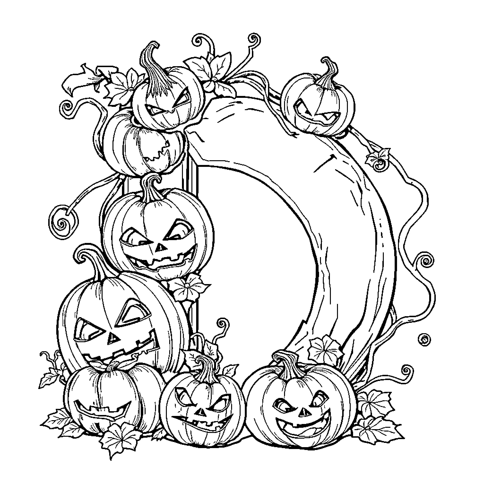 Letter D: Decorative Halloween Pumpkins and Foliage Coloring Page (free black-and-white line drawing printable PDF for all, from beginners to advanced learners, including children, teens, adults, and seniors)