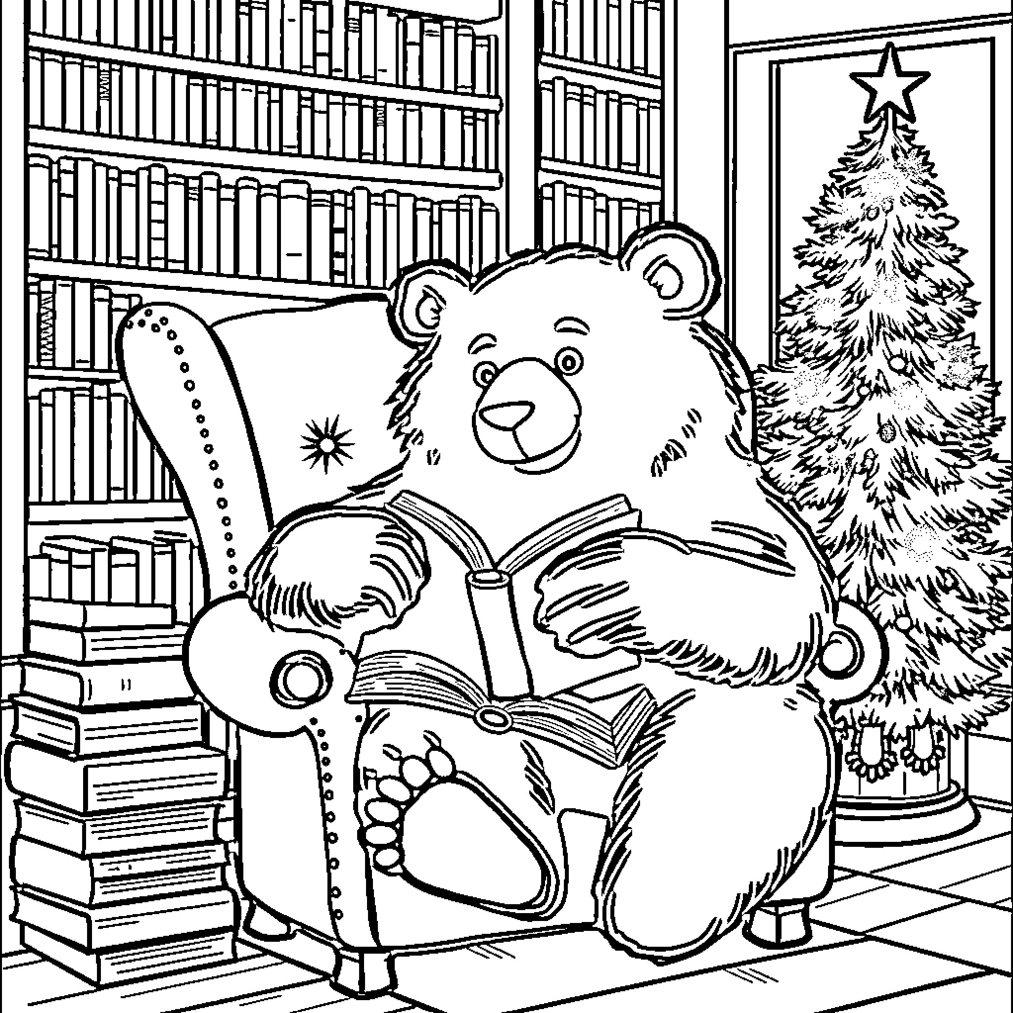 Bear reading books in cozy library setting Coloring Page (free black-and-white line drawing printable PDF for all, from beginners to advanced learners, including children, teens, adults, and seniors)