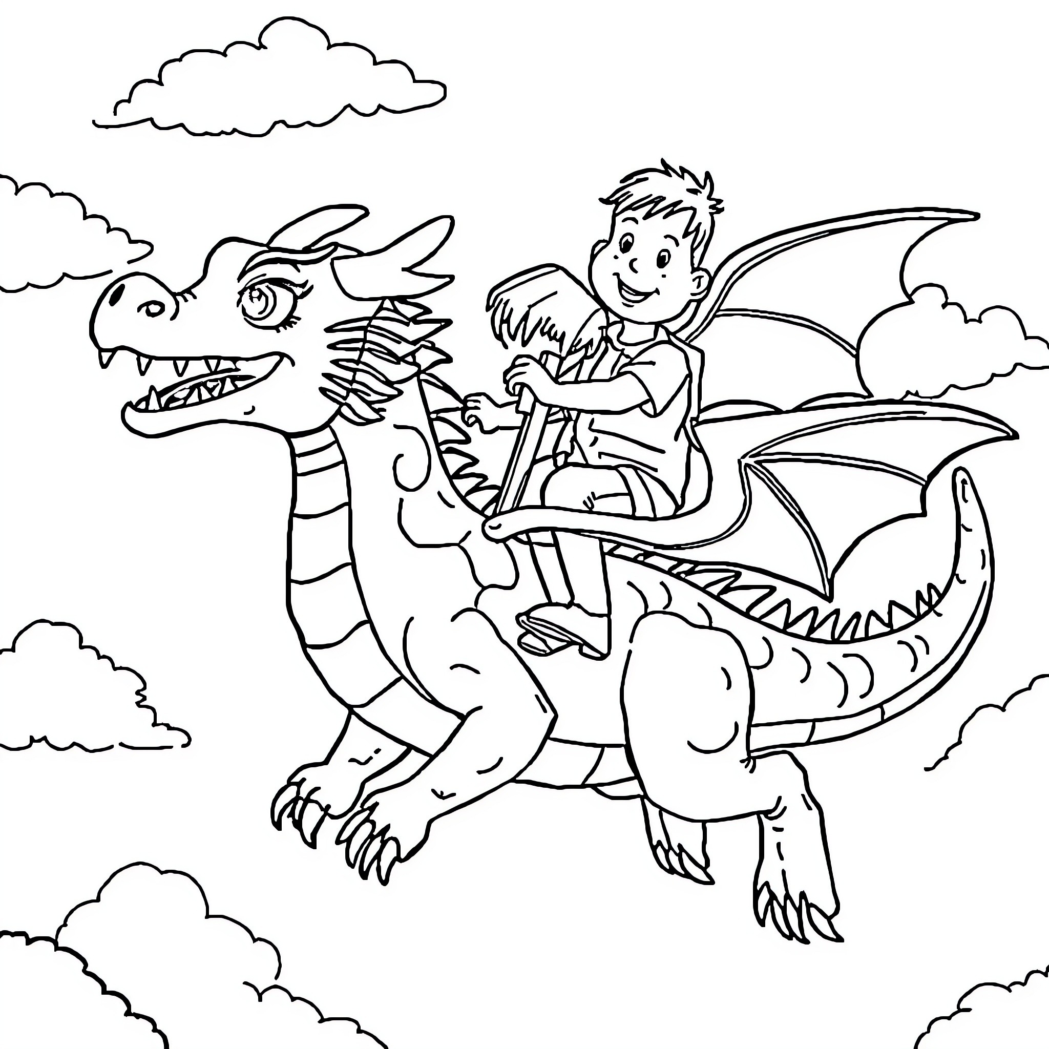 Kid riding a dragon in the sky Coloring Page (free black-and-white line drawing printable PDF for all, from beginners to advanced learners, including children, teens, adults, and seniors)