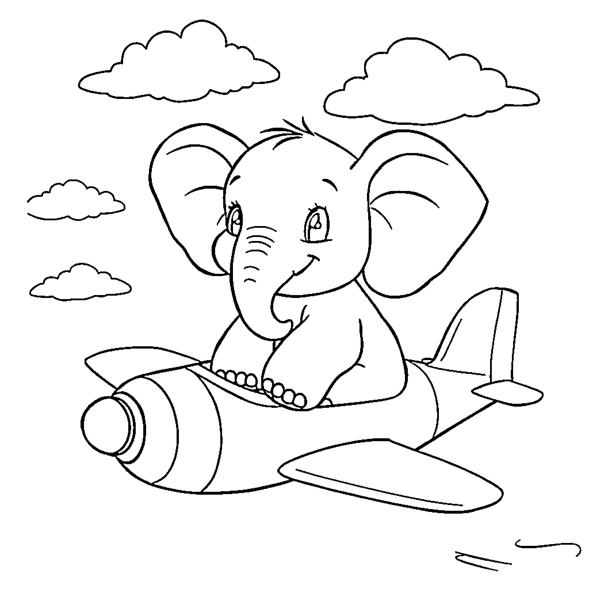 Elephant flying an airplane in the sky Coloring Page (free black-and-white line drawing printable PDF for all, from beginners to advanced learners, including children, teens, adults, and seniors)