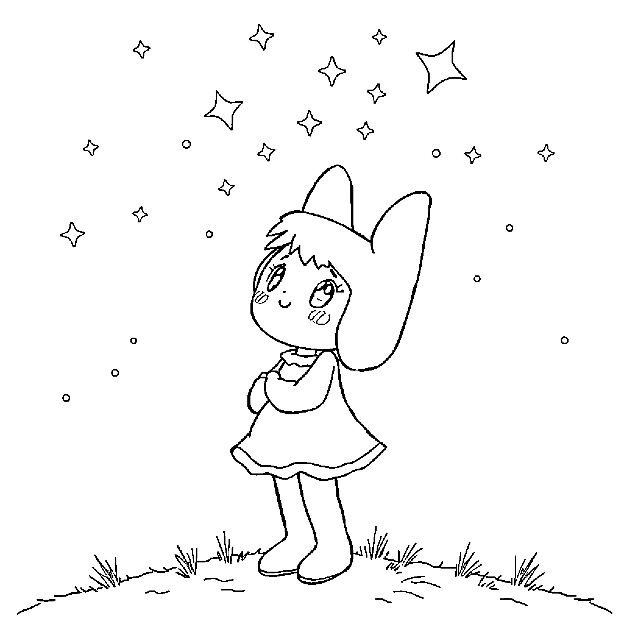 Melody dancing in the starry night Coloring Page (free black-and-white line drawing printable PDF for all, from beginners to advanced learners, including children, teens, adults, and seniors)
