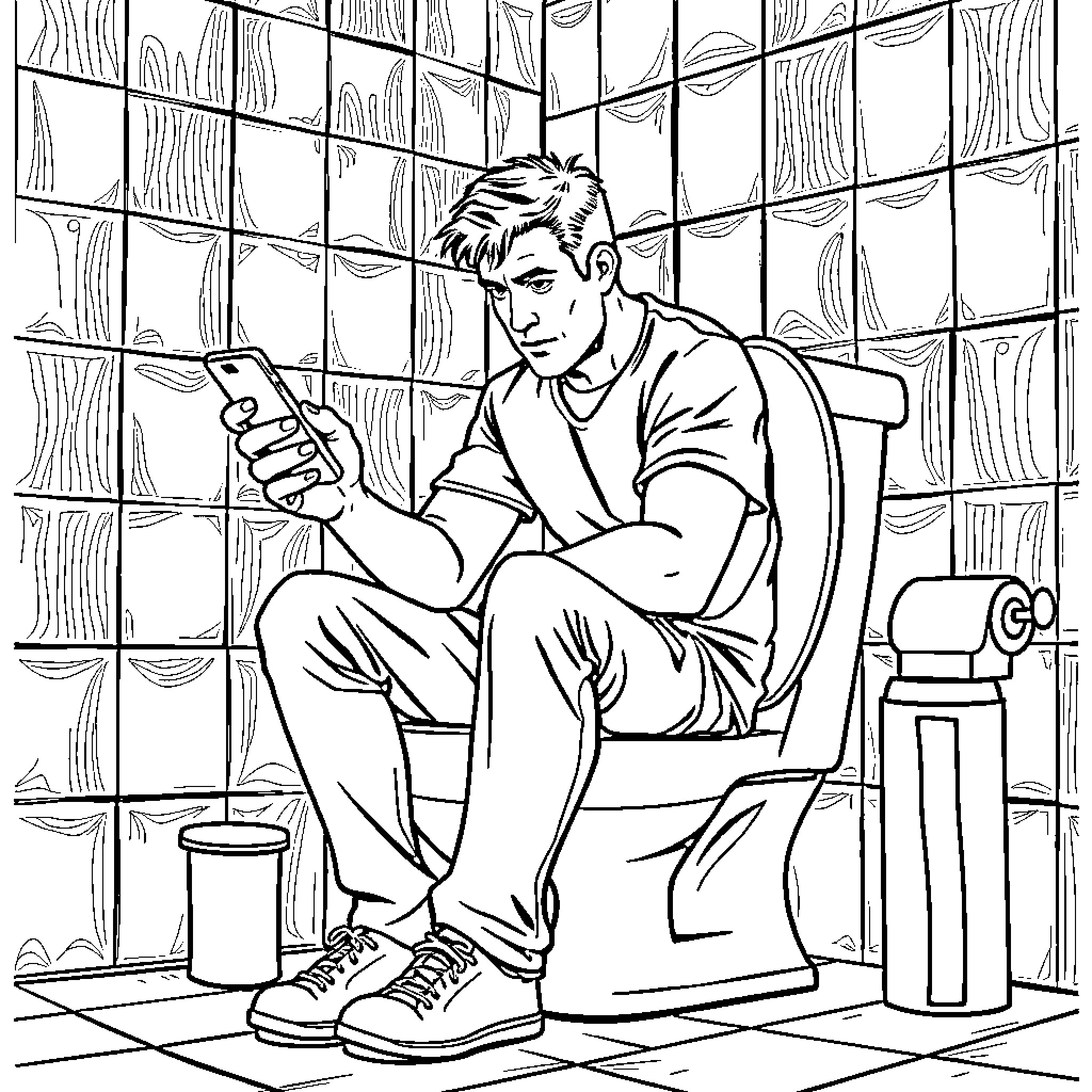Man using phone in bathroom stall Coloring Page (free black-and-white line drawing printable PDF for all, from beginners to advanced learners, including children, teens, adults, and seniors)